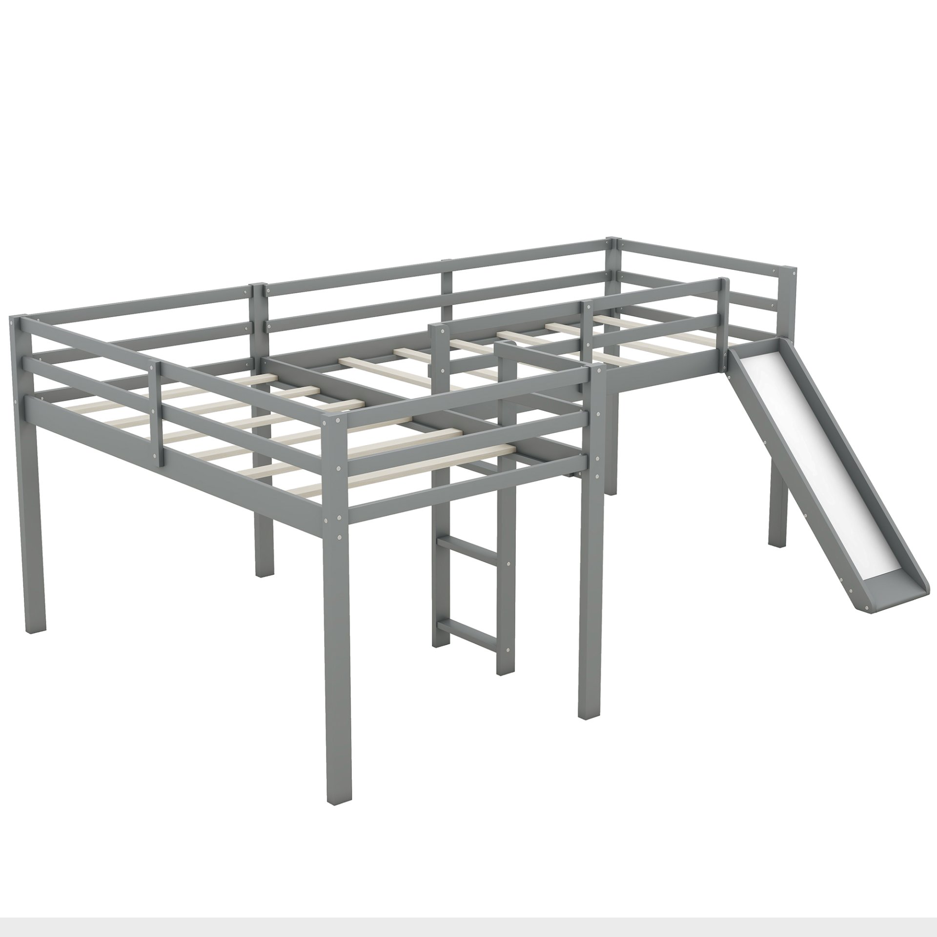 L-Shaped Twin Size Loft Bed With Ladder And Slide - Gray - Image 7