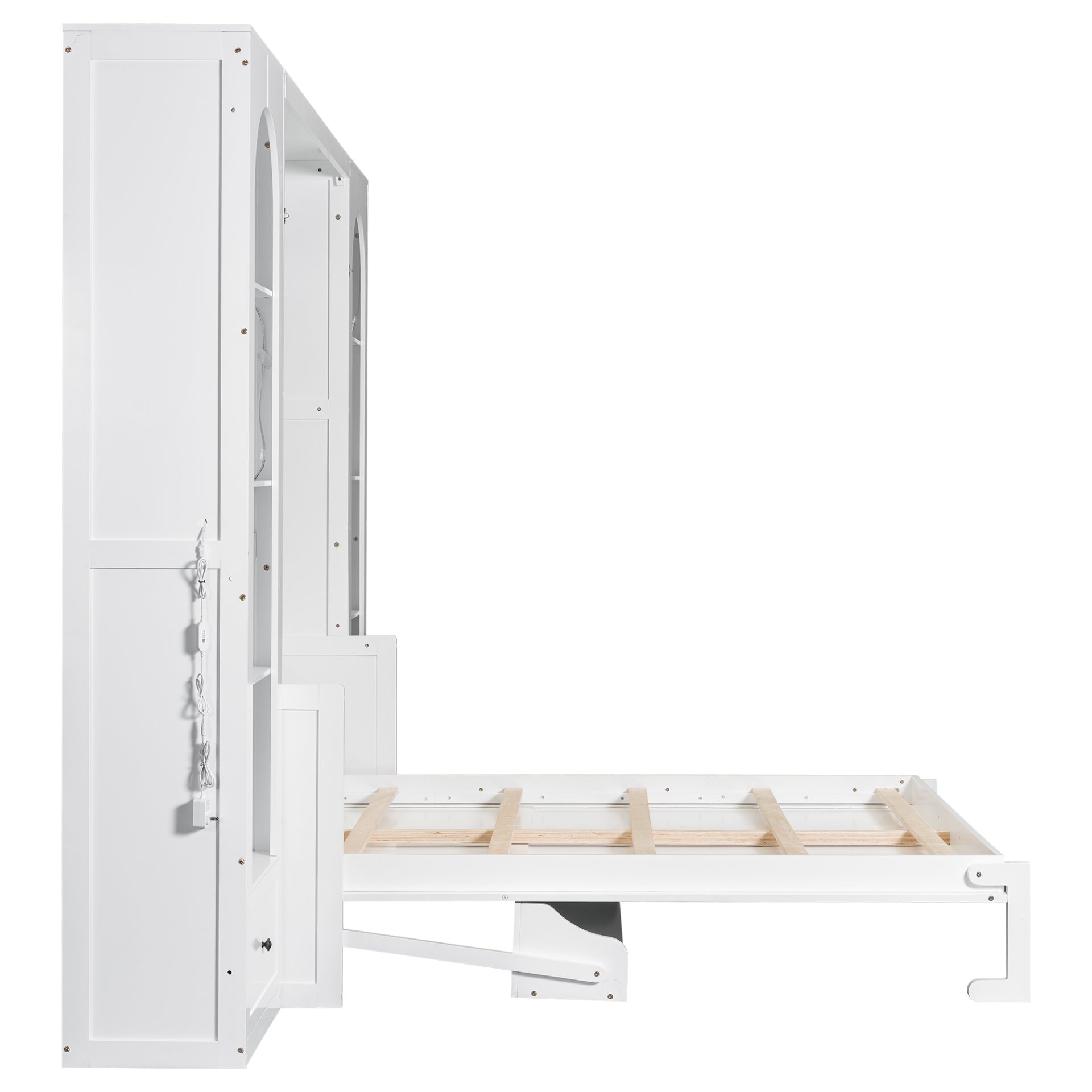 Queen Size Murphy Platform Bed With Shelf, Side Cabinets, Drawers And LED - White - Image 16