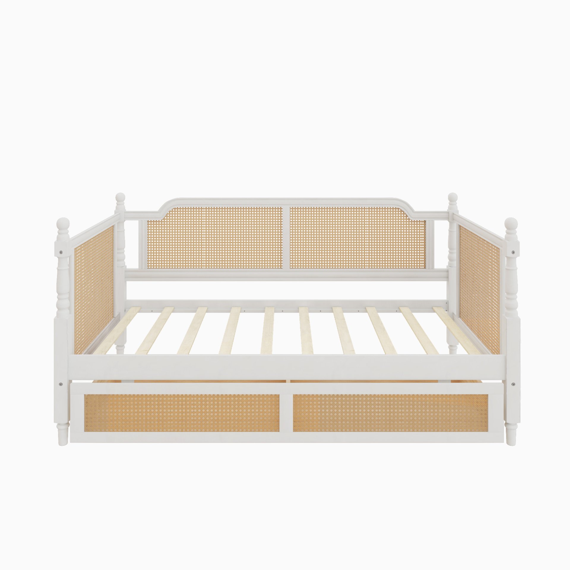 Traditional Style Rattan Twin Size Daybed With 2 Drawers For Limited Space, Guest Room, No Box Spring Needed - Antique White - Image 8
