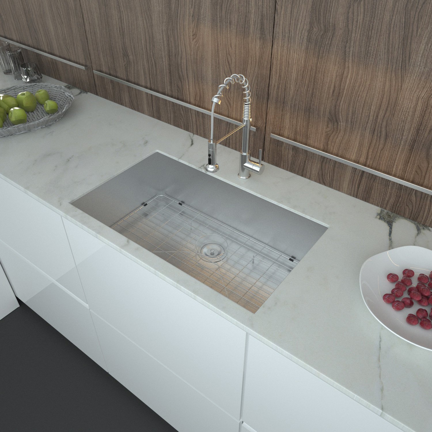 32" Undermount Kitchen Sink With, Single Bowl - Brushed Nickel - Image 2