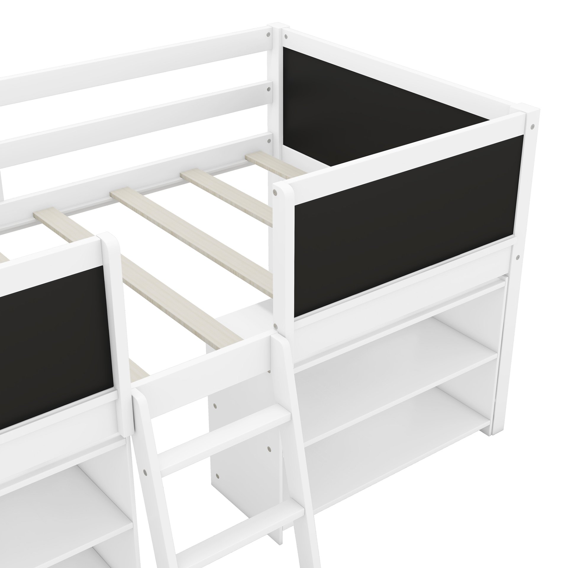 Twin Size Low Loft Bed With Movable Shelves And Ladder, Decorative Chalkboard Guardrail - White - Image 12