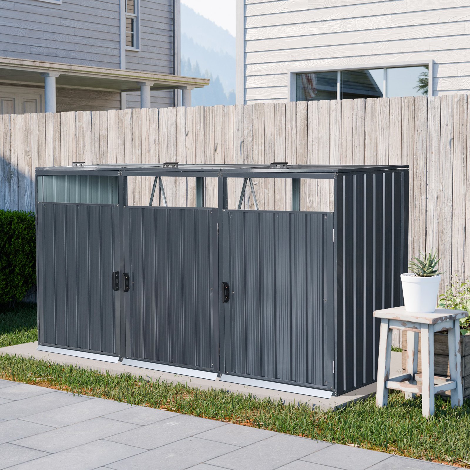 Garbage Bin Shed Stores 3 Trash Cans Metal Outdoor Bin Shed For Garbage Storage, Stainless Galvanized Steel, Bin Shed For Garden Yard Lawn W540S00009 - Charcoal - Image 11