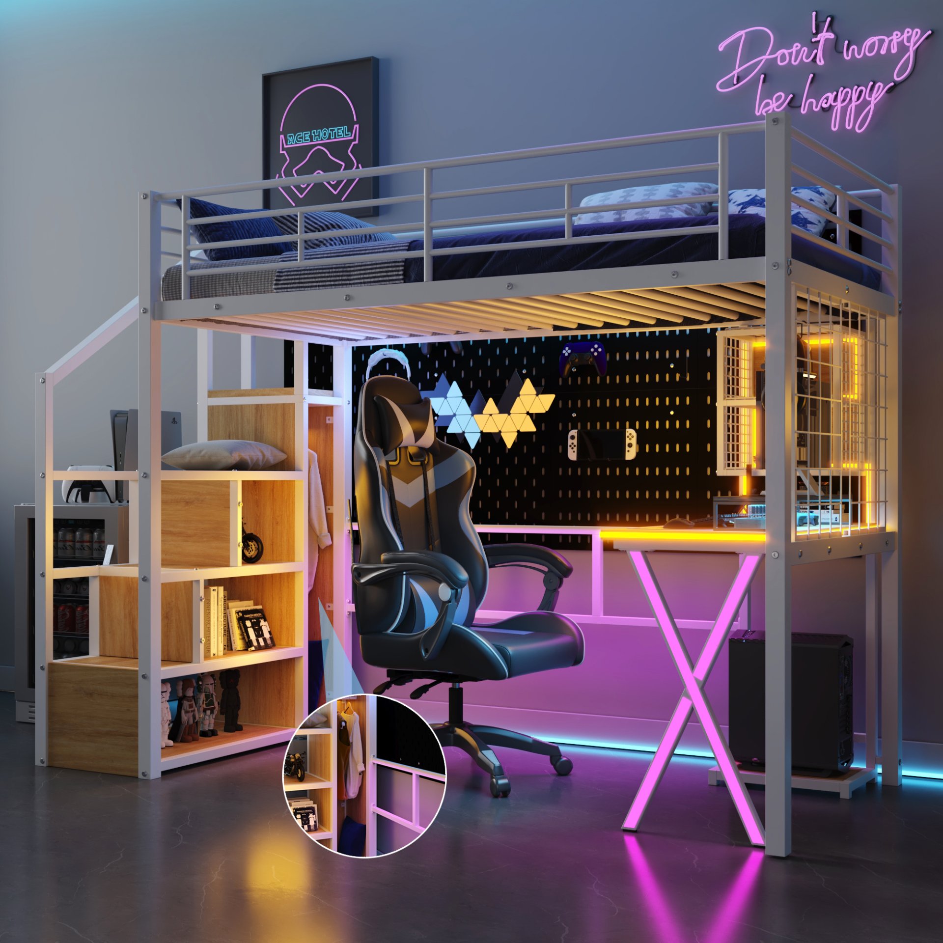 Twin Size Loft Bed With Built In Work Station, Wardrobe, Storage Staircase And LED - White - Image 2