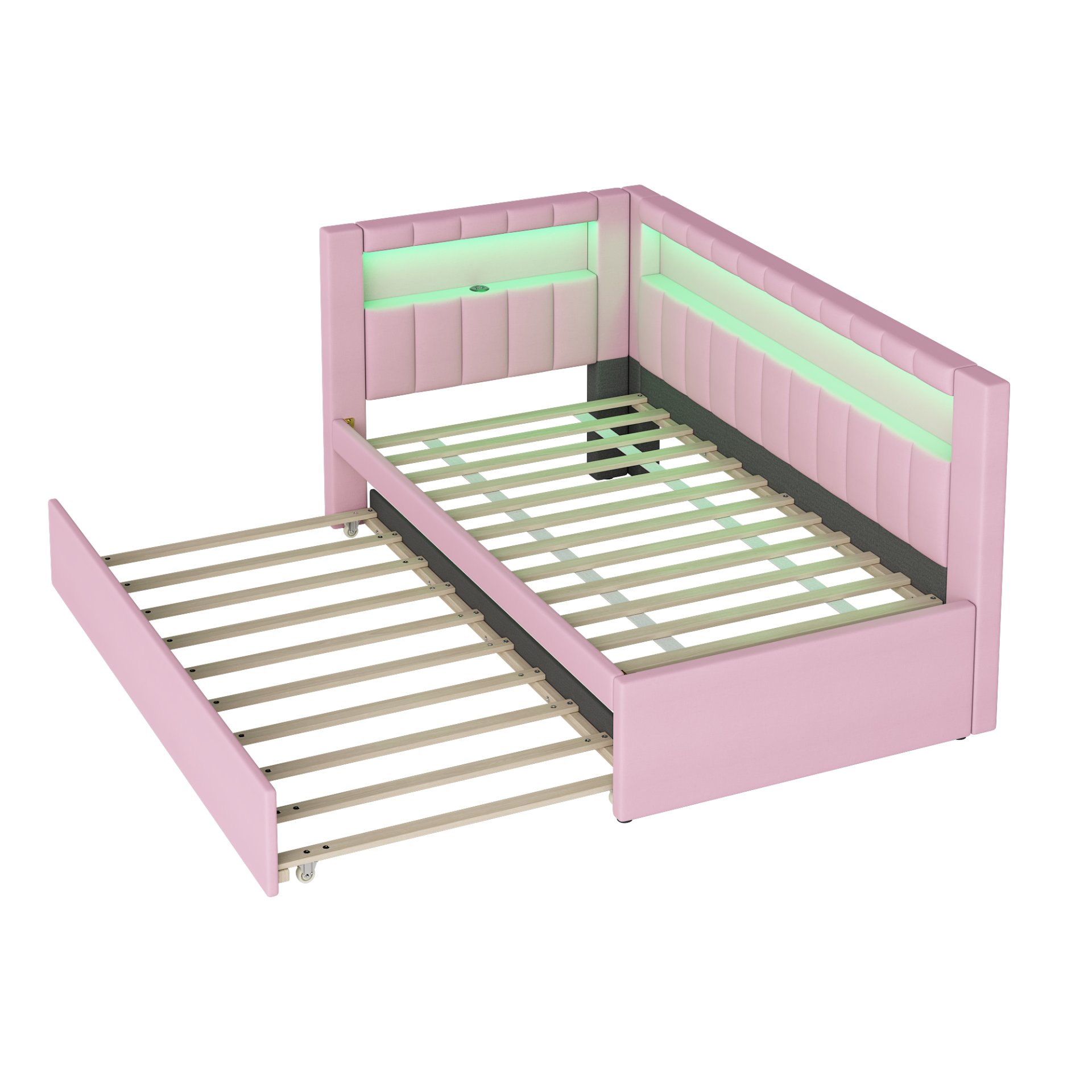Twin Upholstered Platform Bed With USB Ports And LED Belt, Includes Trundle - Pink - Image 11