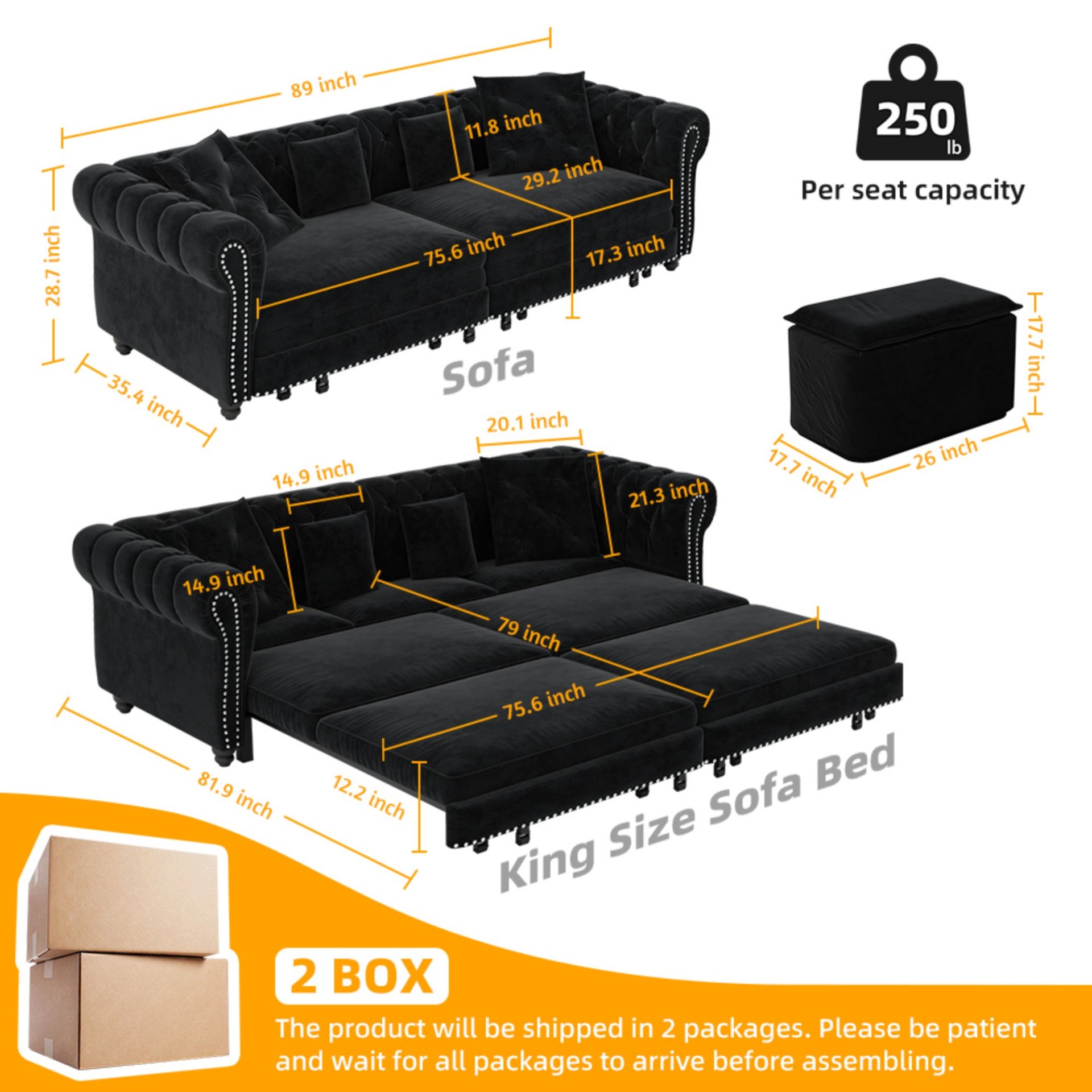 3 In 1 Pull Out Sofa Bed, Convertible Sleeper Sofa Bed, 3 Seater Sofa With Movable Ottoman - Black - Image 3