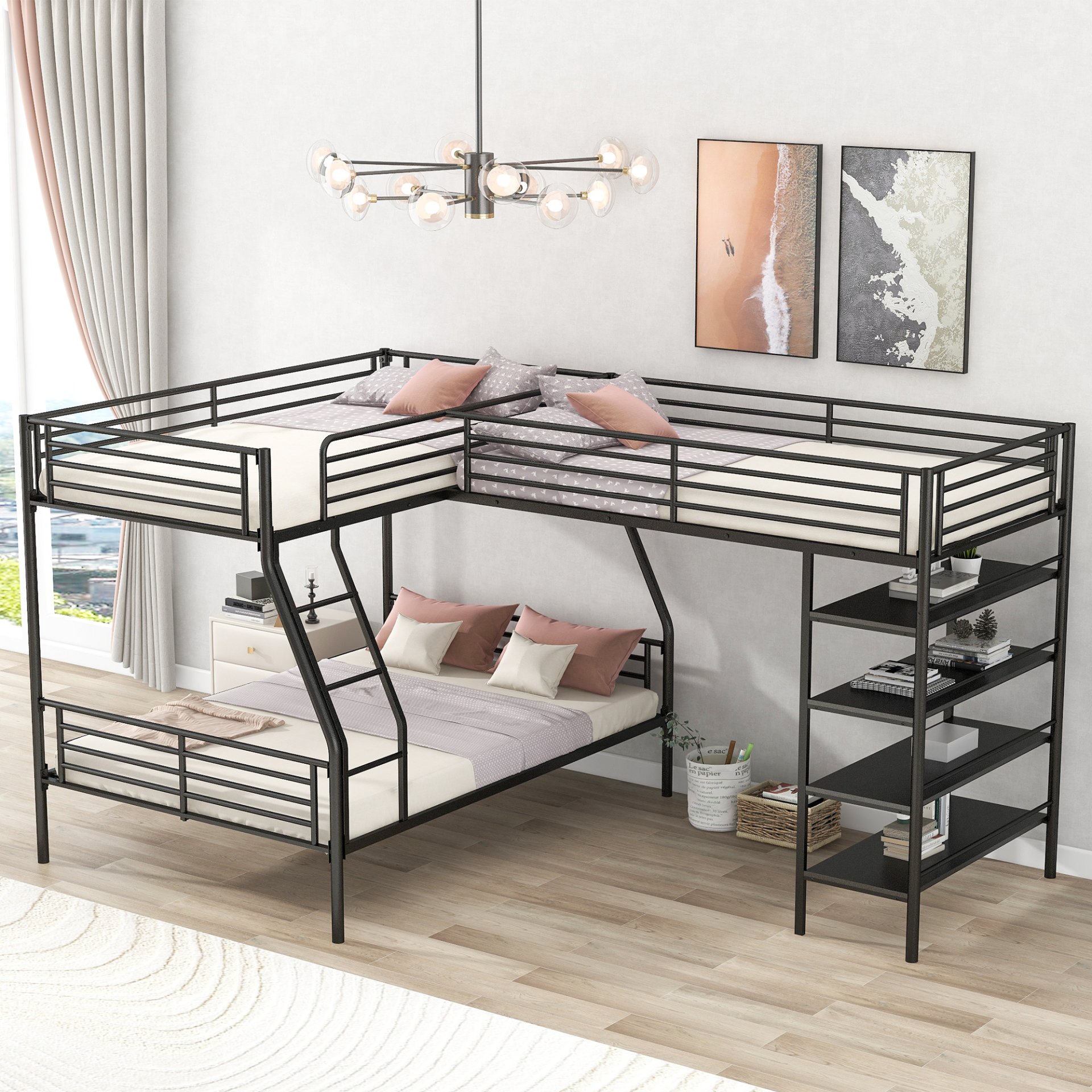 L-Shaped Twin Over Full Bunk Bed And Twin Loft Bed With 4 Built In Shelves - Black - Image 2