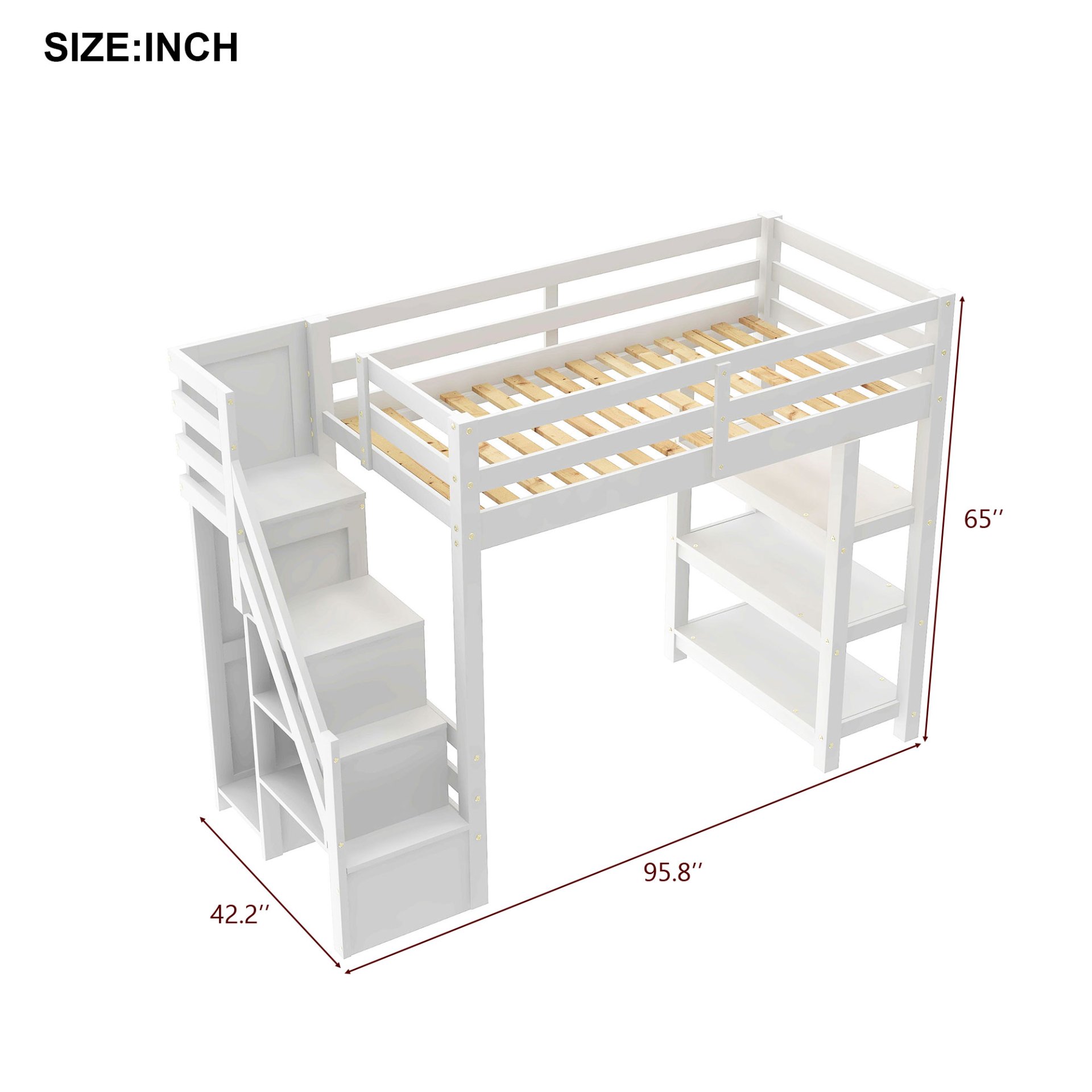 Twin Size Loft Bed With 4 Layer Shelves, Storage Staircase, Small Wardrobe And LED Light - White - Image 3