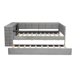 Upholstered Full Size Platform Bed With Storage Shelves, Desk, Charging Station And Trundle - Gray