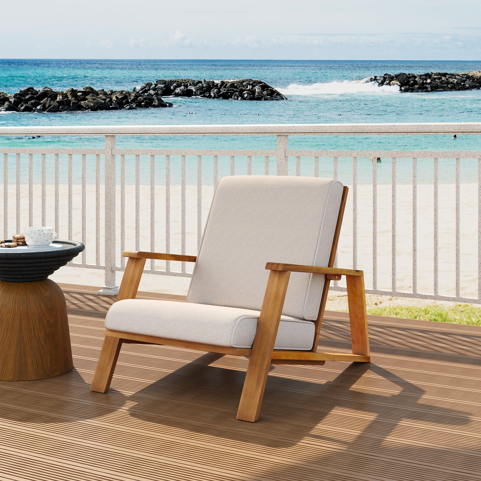 Outdoor Patio Lounge Chair - Teak / Beige - Image 2