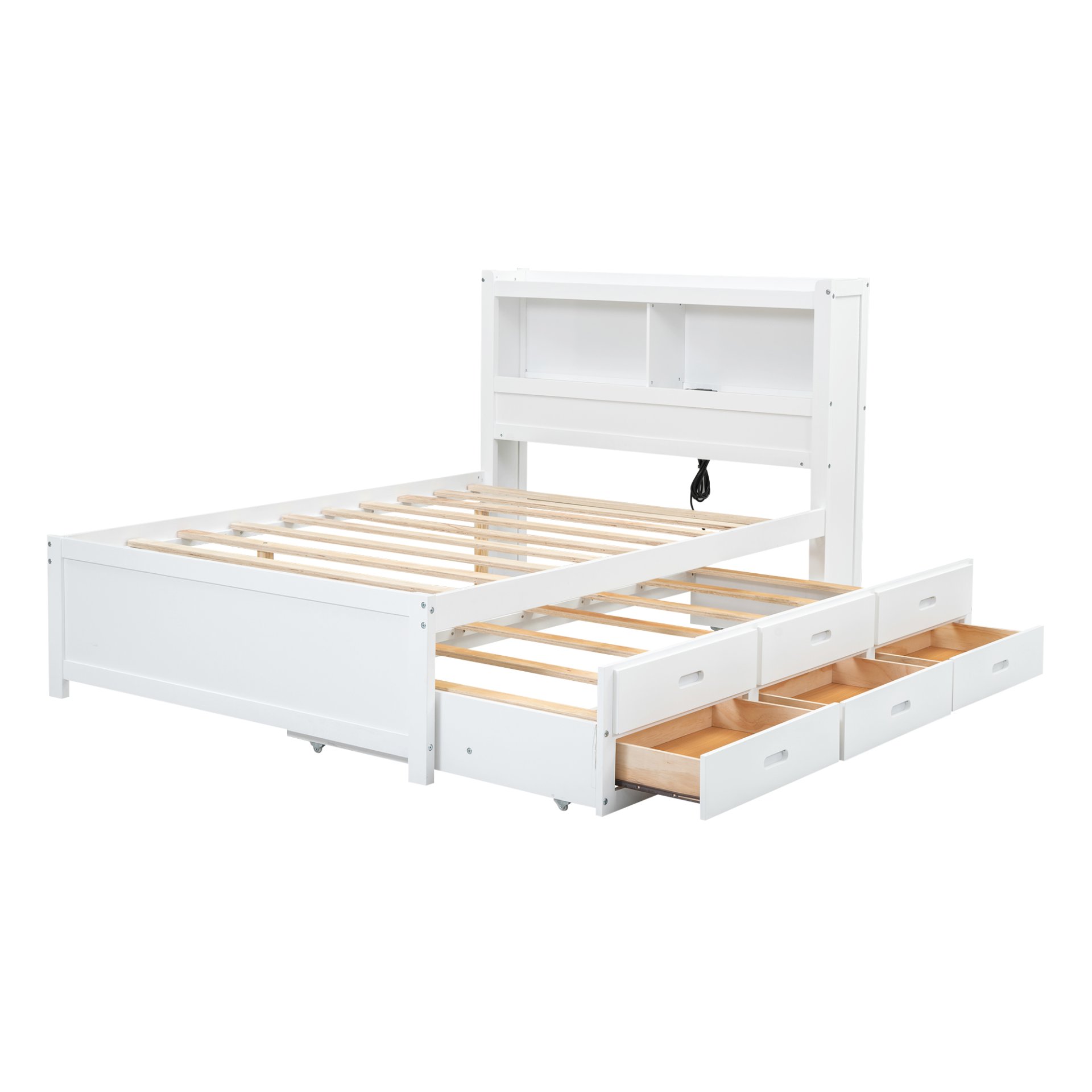 Full Size Platform Bed With Trundle, Drawers, USB Ports And Built In Shelves - White - Image 13