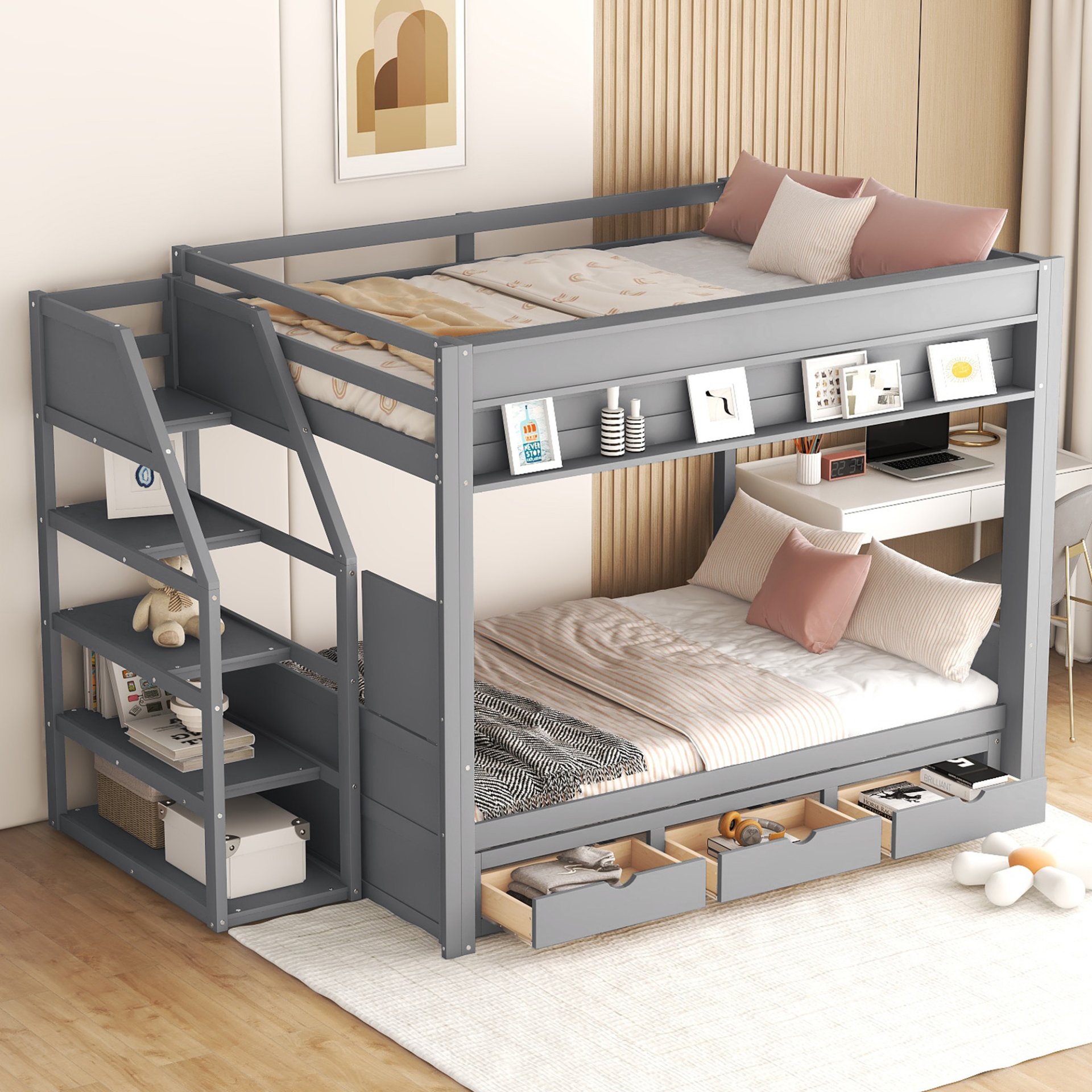 Wood Full Size Convertible Bunk Bed With Storage Staircase, Bedside Table, And 3 Drawers - Gray - Image 6
