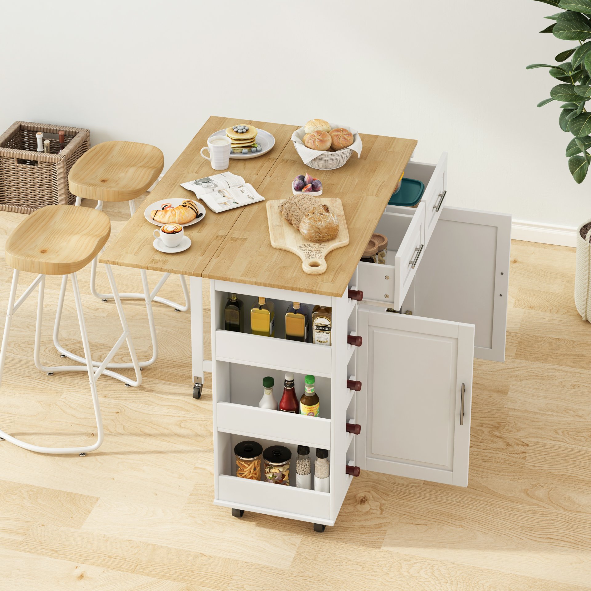 Kitchen Island Cart With 2 Door Cabinet, 2 Drawers, Spice Rack, Towel Holder, Wine Rack, And Foldable Top - White - Image 6