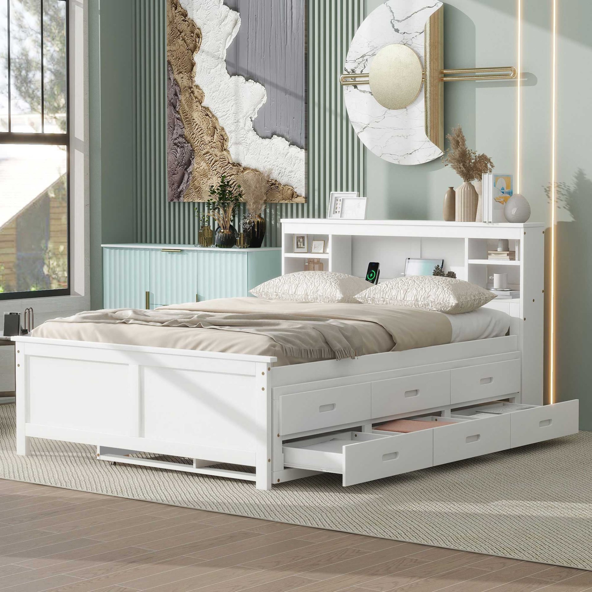 Full Size Platform Bed With Storage Headboard, USB Ports, Twin Trundle, 3 Drawers Construction - White - Image 2