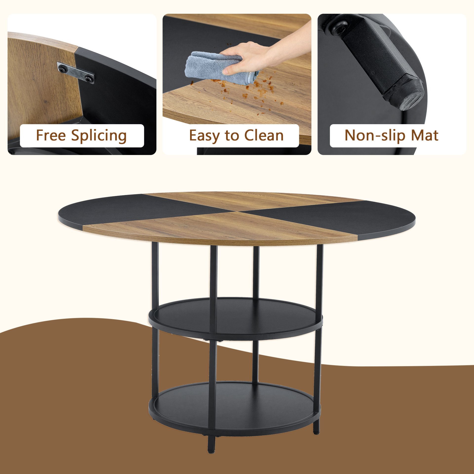 Diameter - Modern Splicing Circular Dining Table Double Layer Storage - Wood / Black - Image 8
