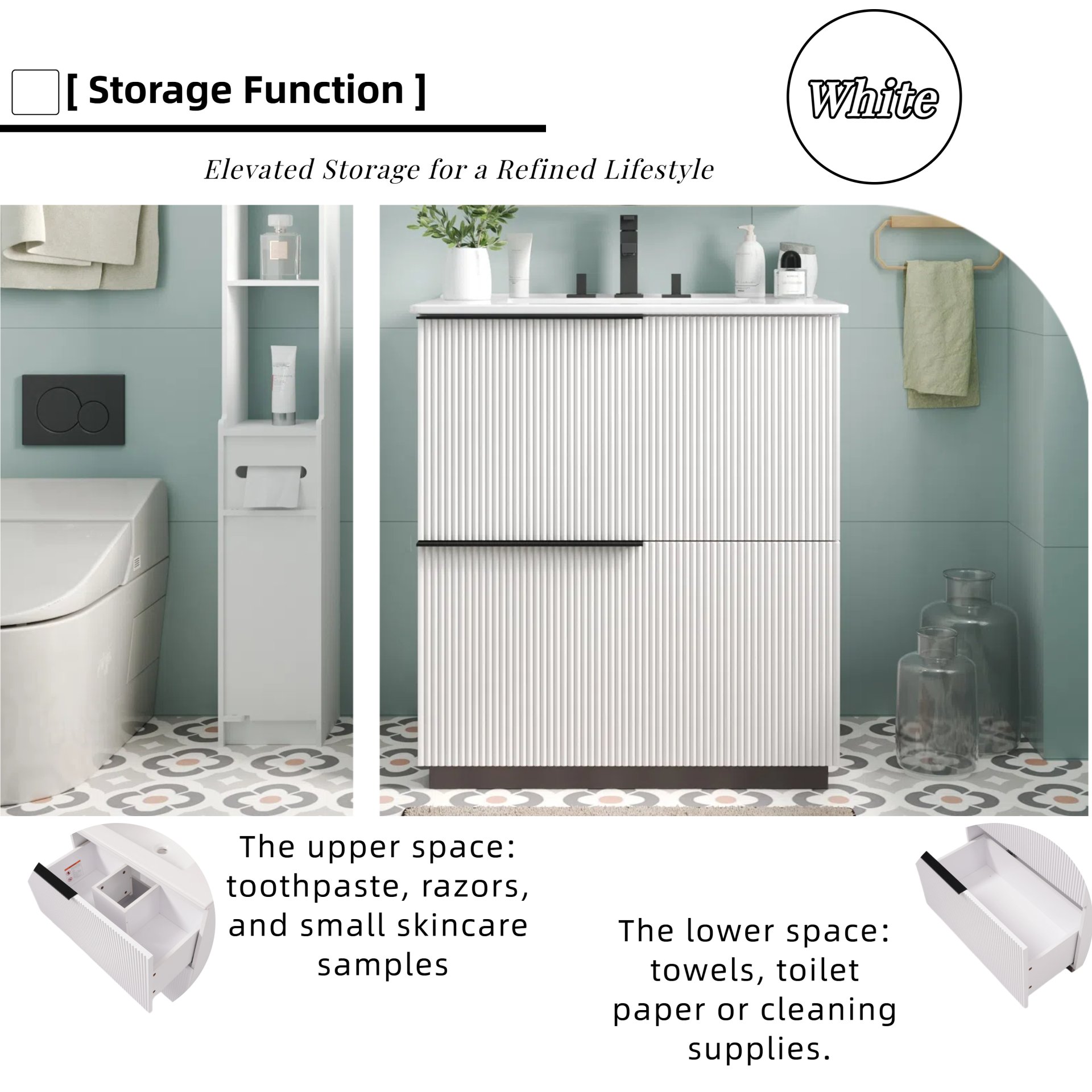 Fluted Bathroom Vanity With Sink, Full Extension Drawers, Soft Close Slides - White - Image 6