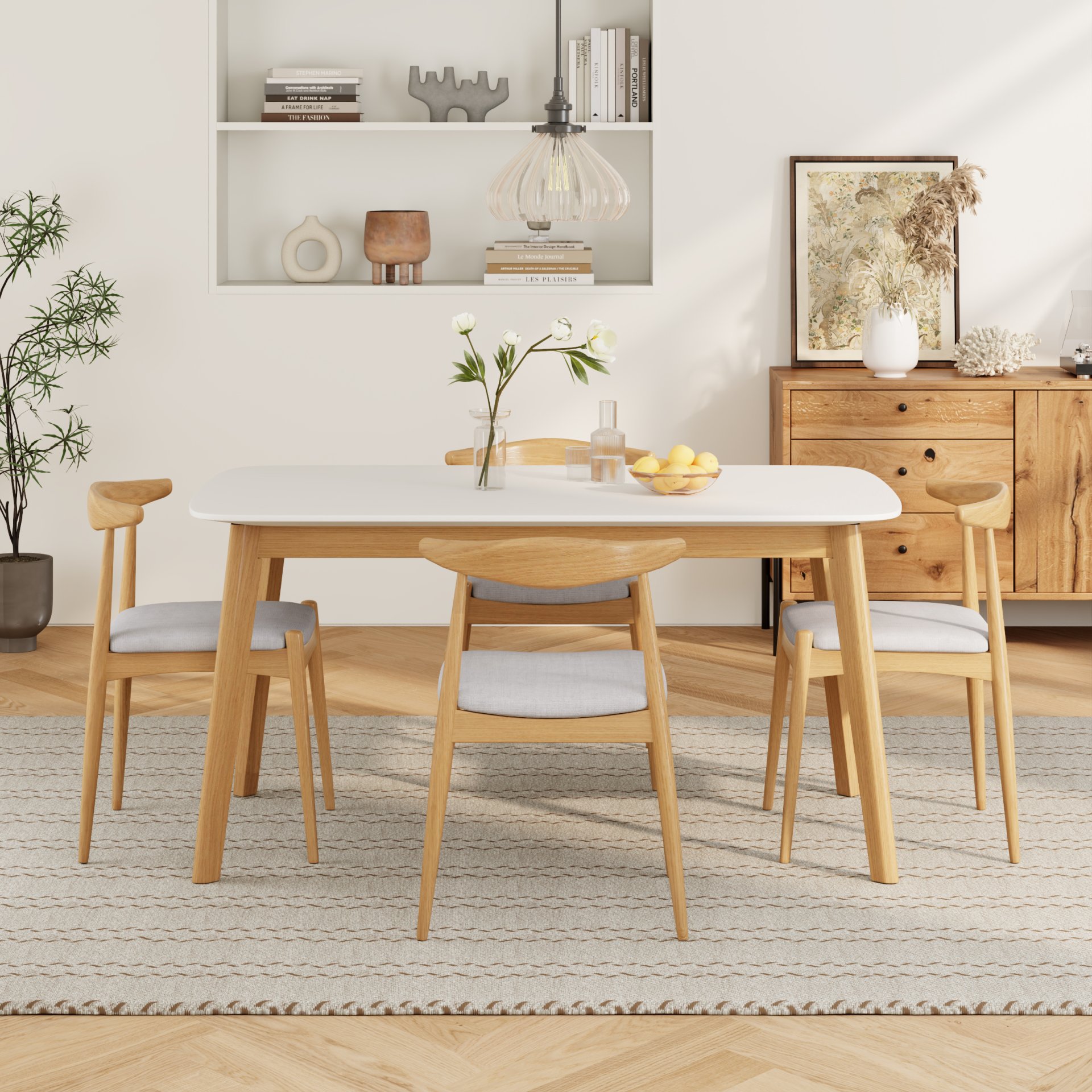 5 Piece Dining Set, Table And 4 Upholstered Chairs - Beige / White / Oak - Image 2