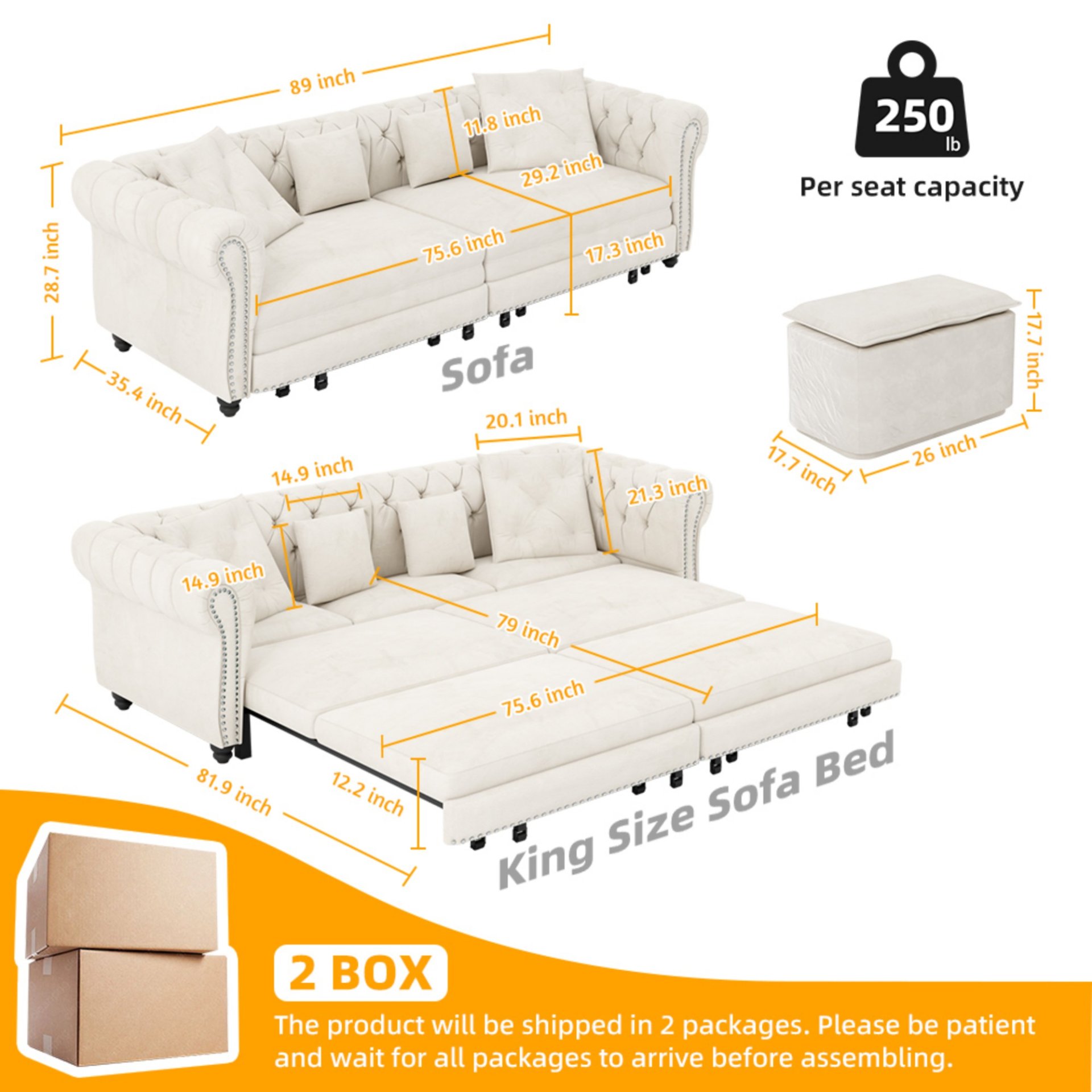 3 In 1 Pull Out Sofa Bed, Convertible Sleeper Sofa Bed, 3 Seater Sofa With Movable Ottoman - Beige - Image 3