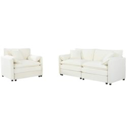 Luxury Deep Seat 2 Piece Loveseat Couch & Sofa Armchair Set, Modern Upholstered Chenille Cloud Couches - Beige