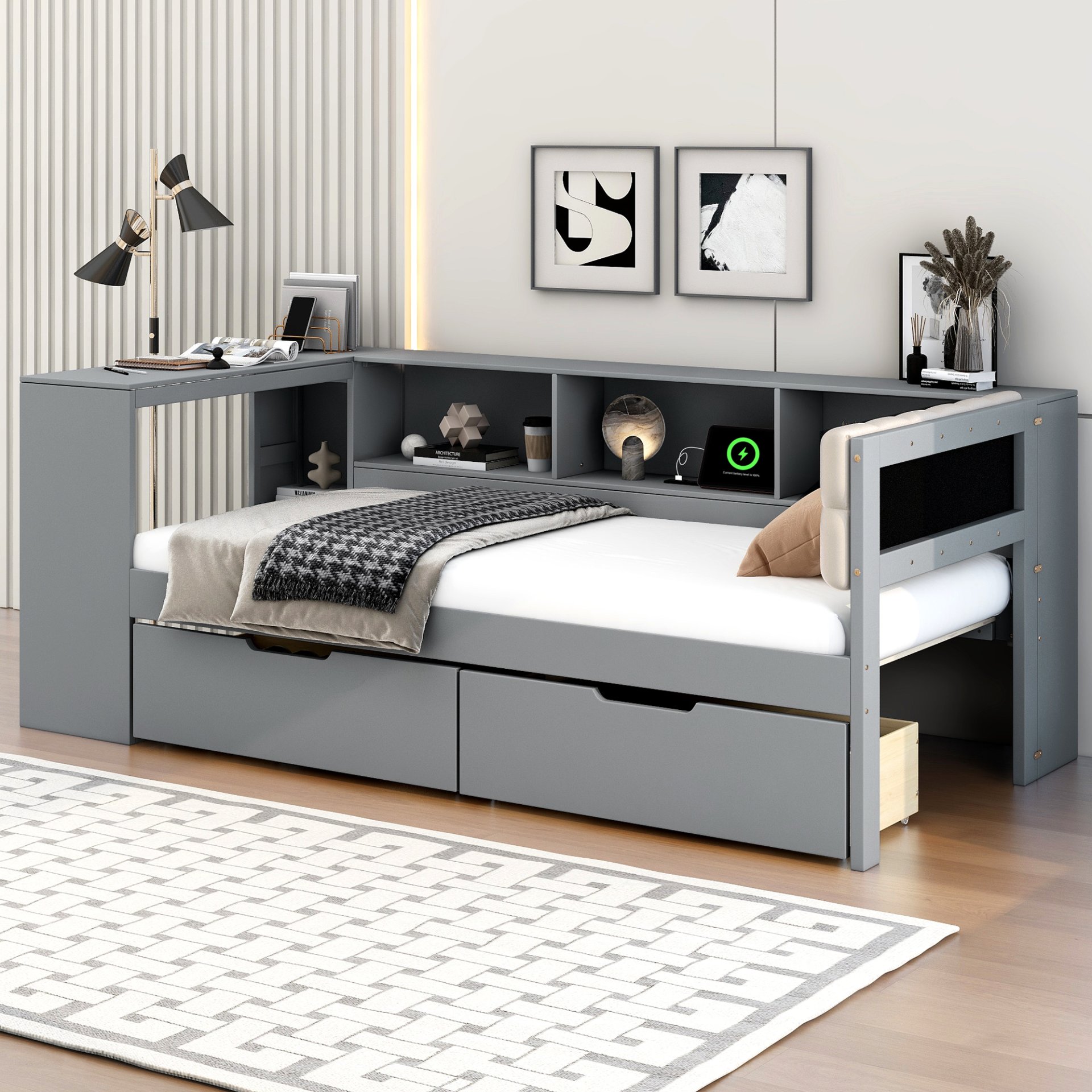 Upholstered Headboard Twin Size Platform Bed With Storage Shelves, Drawers, Charging Station - Gray - Image 5