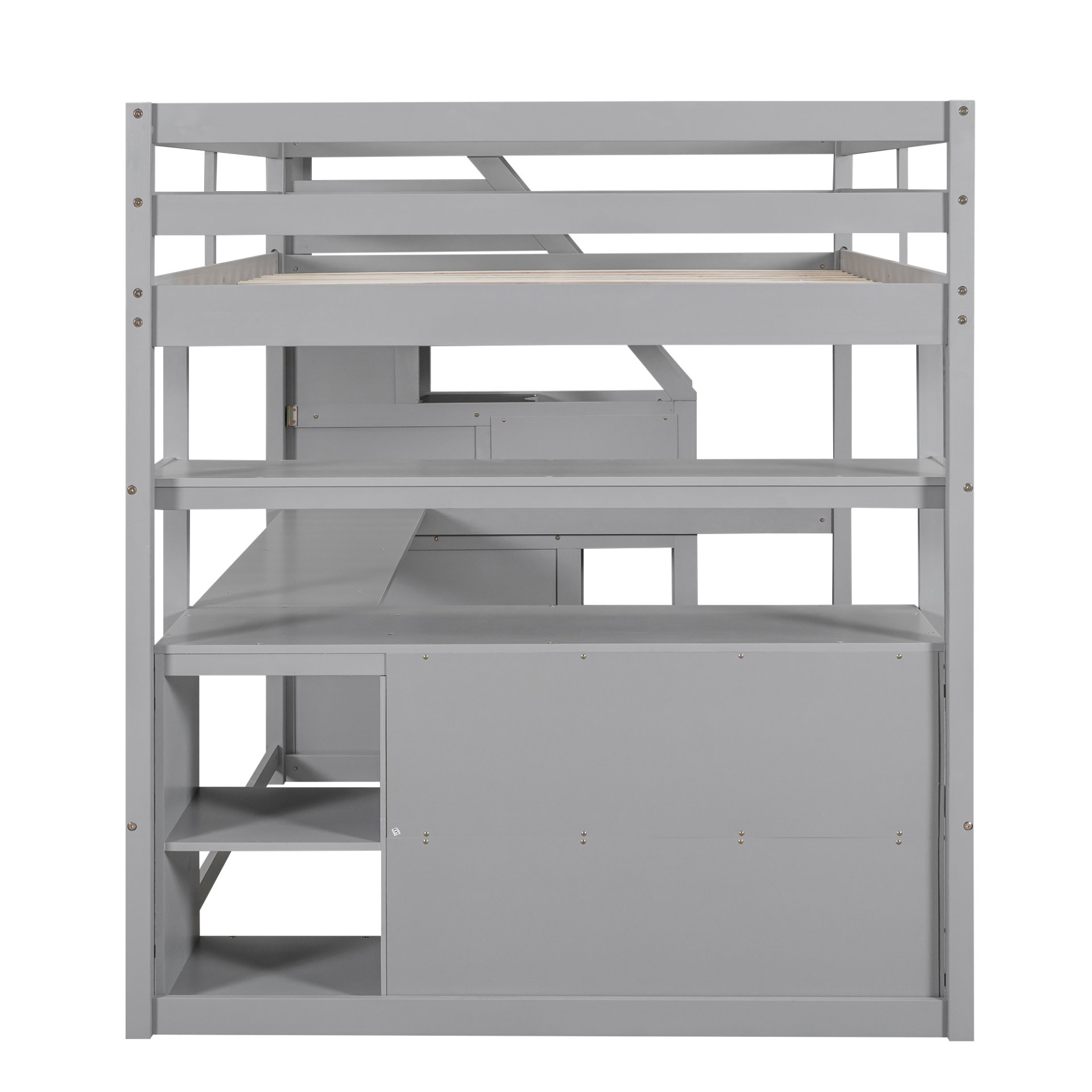 Full Size Loft Bed With Desk, Shelves, 2 Drawers, Storage Staircase - Gray - Image 12