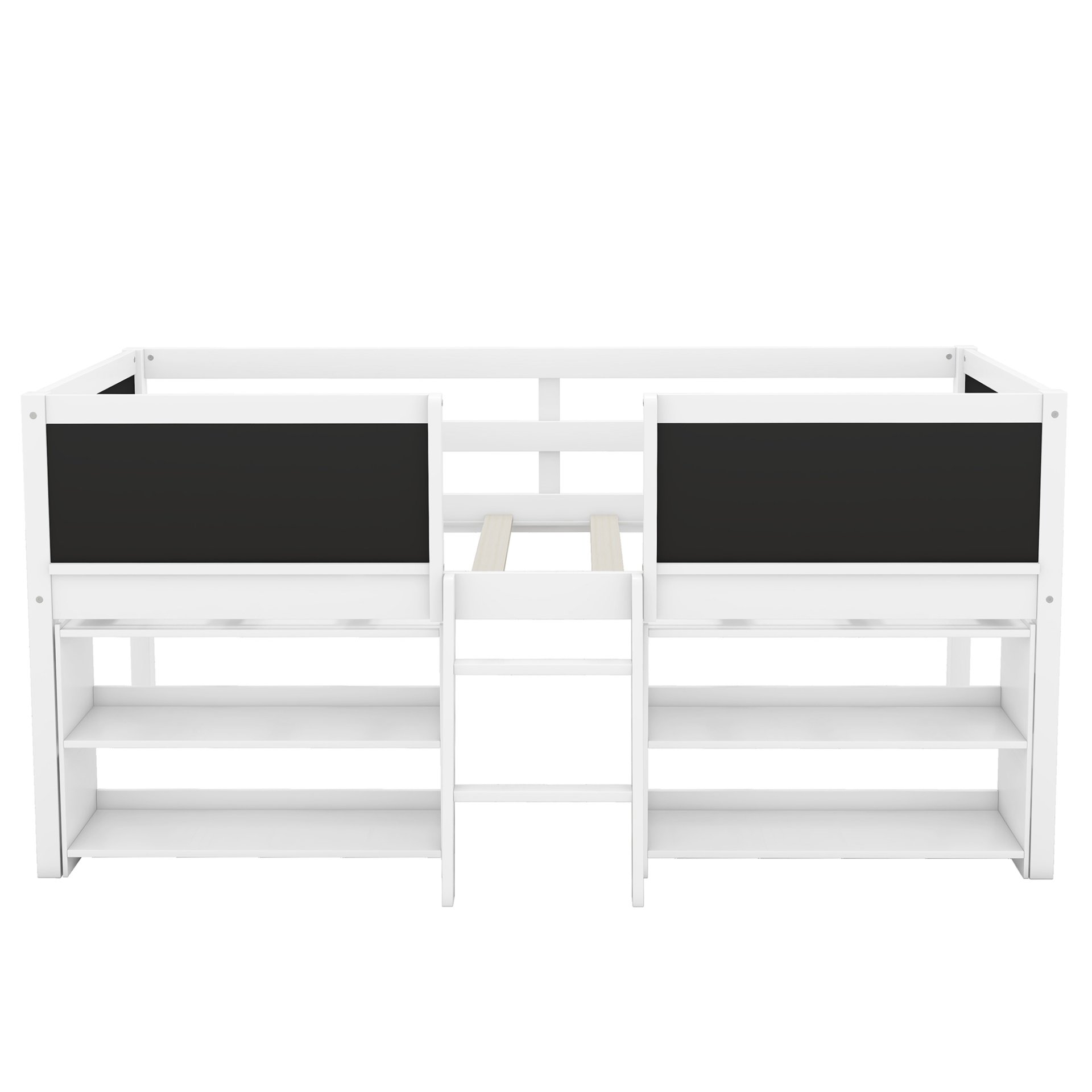 Twin Size Low Loft Bed With Movable Shelves And Ladder, Decorative Chalkboard Guardrail - White - Image 11
