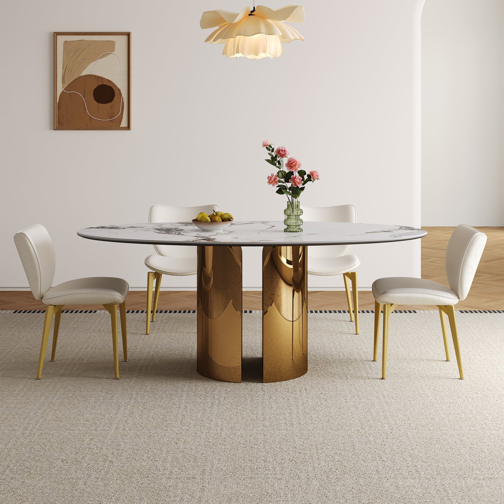 Oval Sintered Stone Dining Table With 4 Chairs - Brown / White - Image 5