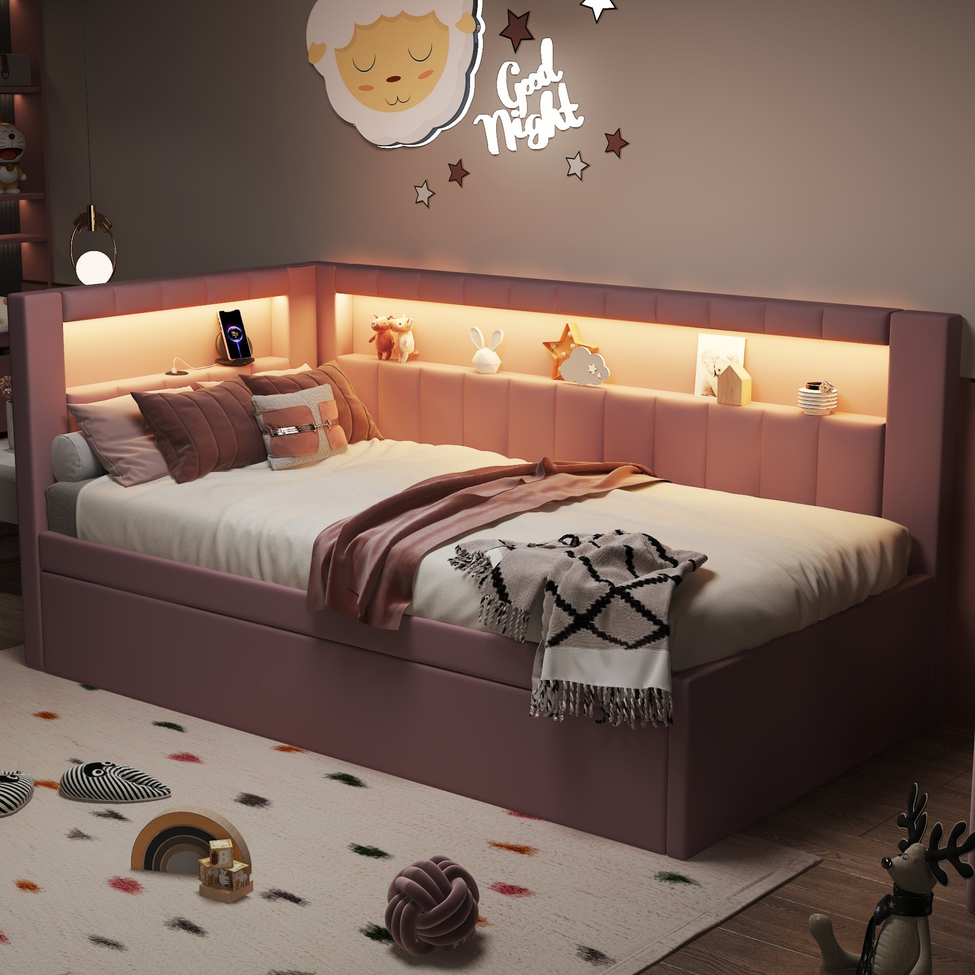 Twin Upholstered Platform Bed With USB Ports And LED Belt, Includes Trundle - Pink - Image 2
