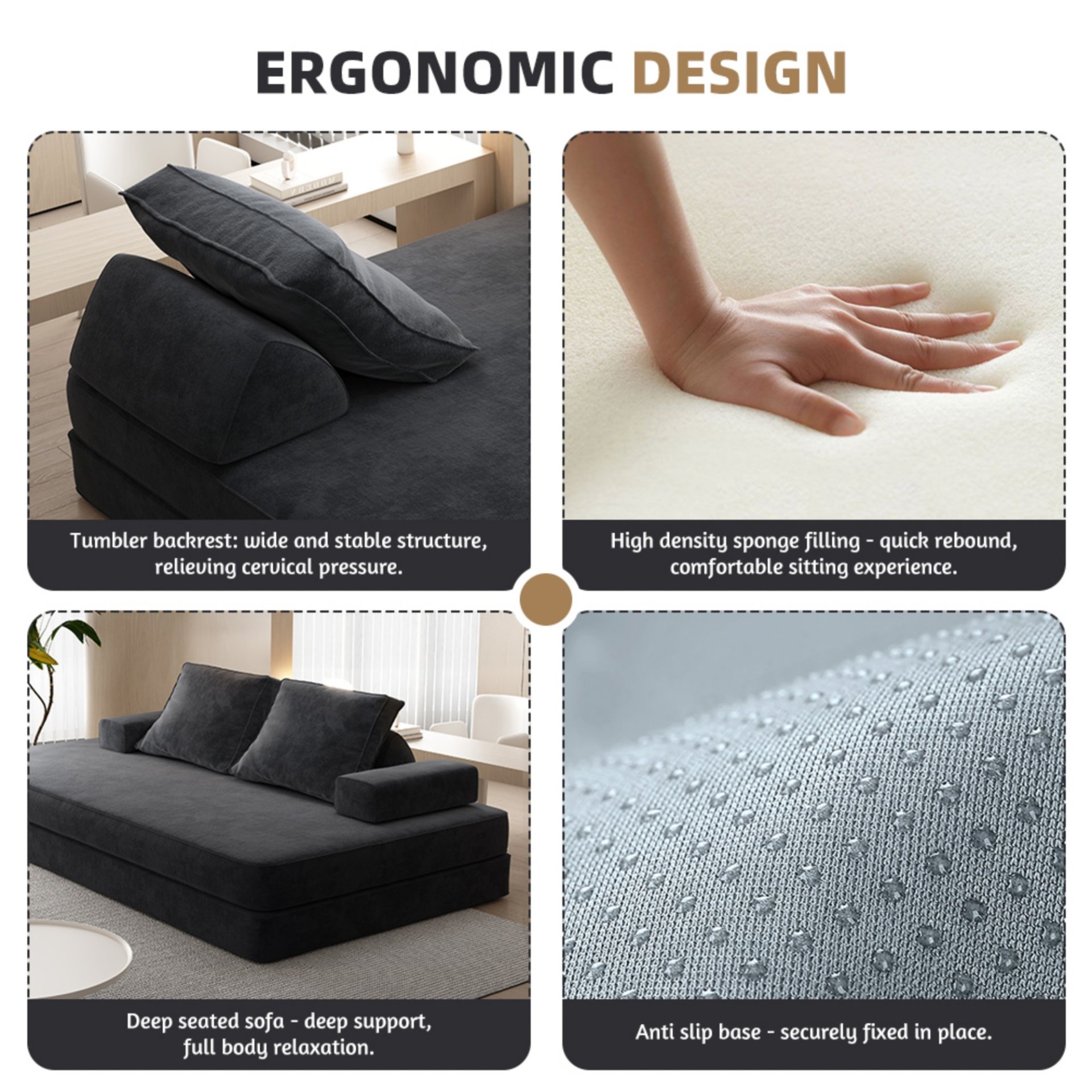 Multifunctional Convertible Sofa Bed With 2 Tumbler Backrests And 2 Pillows, Diy Modern Upholstered Couch - Dark Gray - Image 24