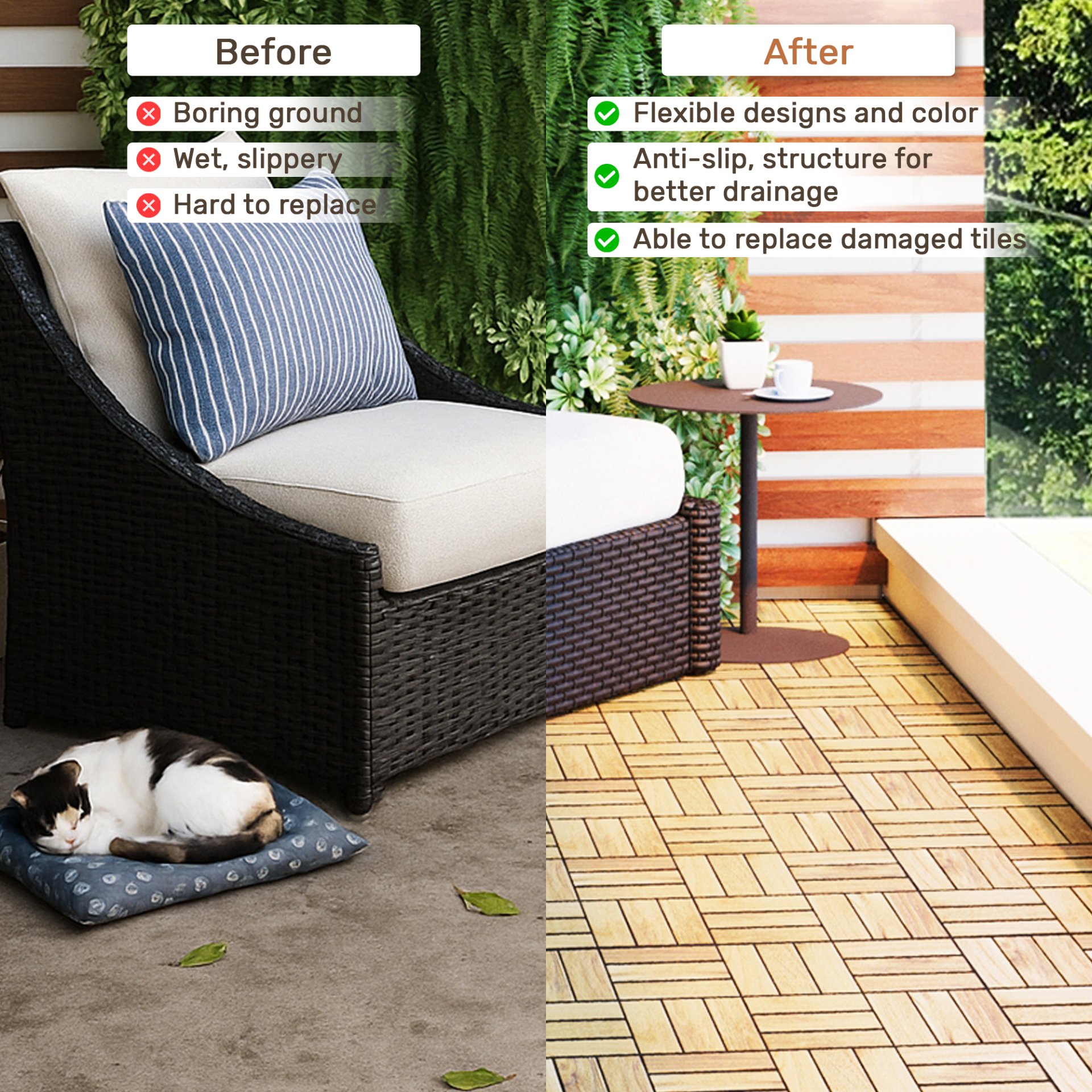 10 Piece Interlocking Deck Tiles Checker Pattern, Square Acacia Hardwood Outdoor Flooring For Patio, Bancony, Pool Side - Yellow - Image 36