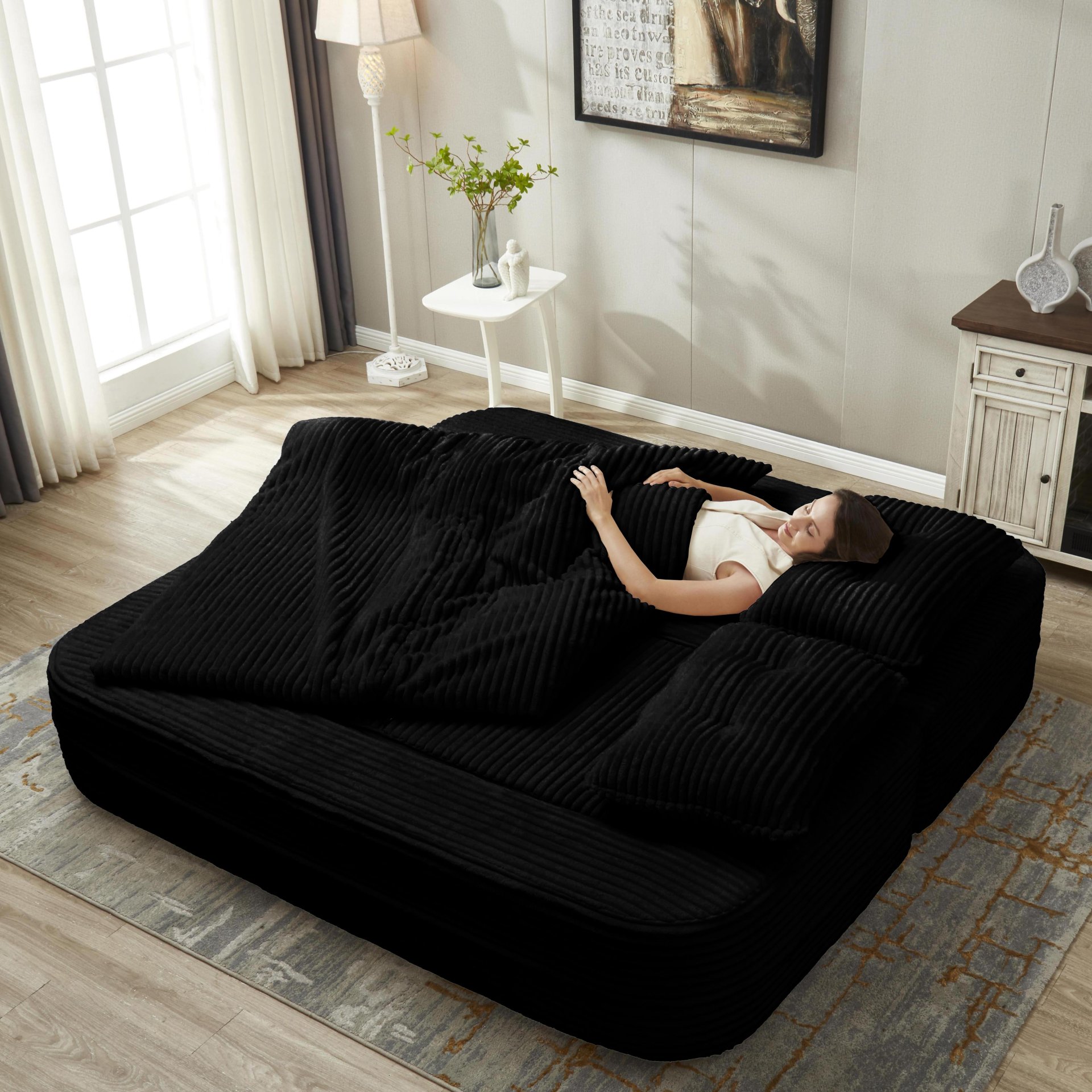 Multi Functional Sectional Sofa Bed With Independent Chaise Lounge And Functional Blanket - Black - Image 5