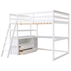 Full Size Loft Bed With Built In Desk, Shelves, And 2 Drawers - White