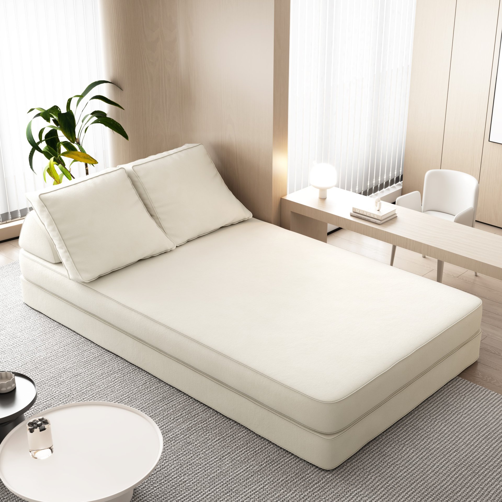 Multifunctional Convertible Sofa Bed With 2 Tumbler Backrests And 2 Pillows, Diy Modern Upholstered Couch - Beige - Image 5