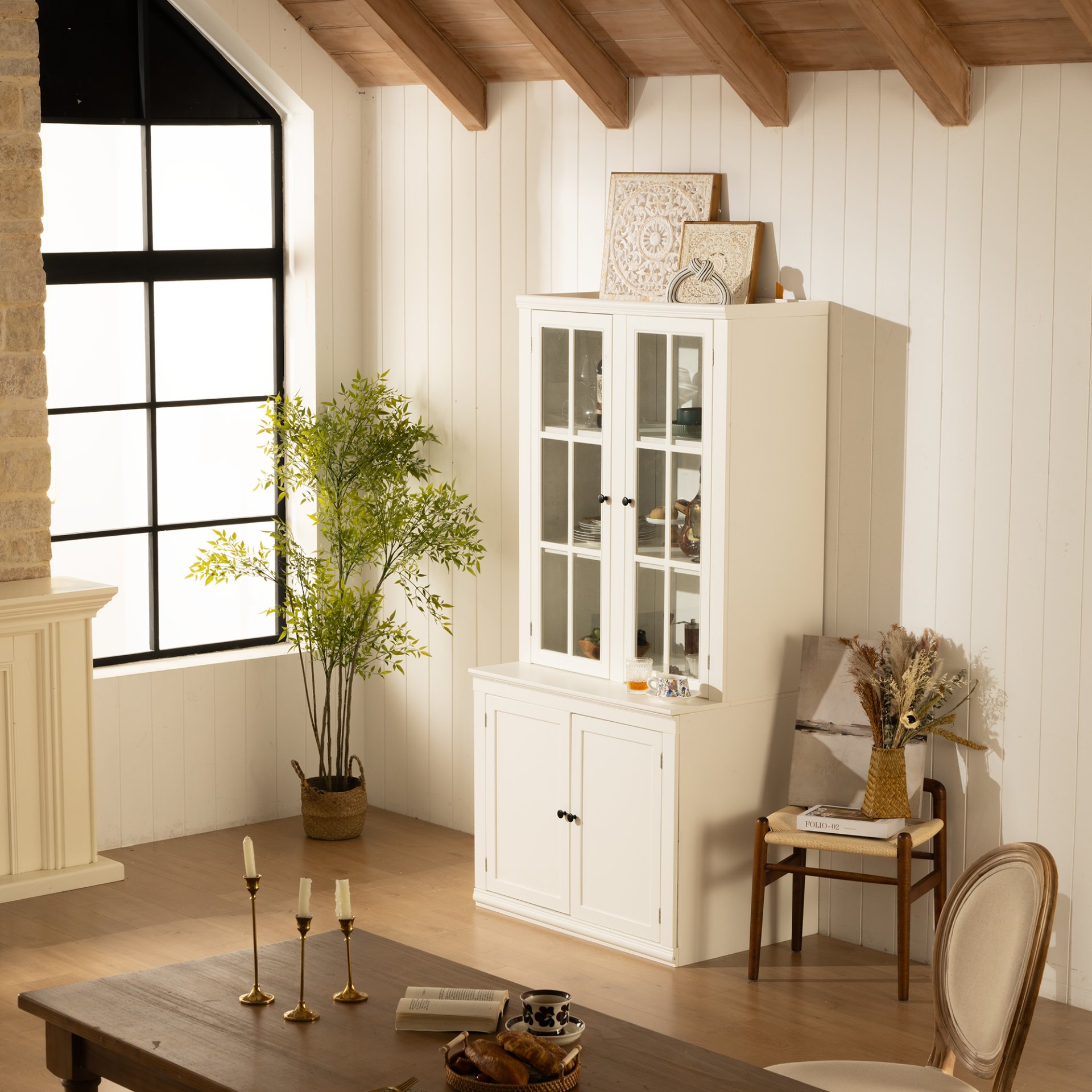 Retro Style Hutch Cabinet With Double Glass Doors, China Cabinet For Home, Office, Or Studio - White - Image 10