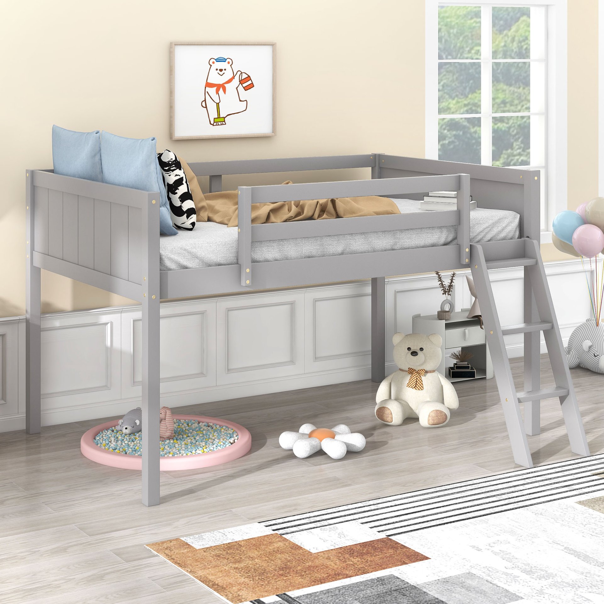 Twin Size Low Loft Bed With Adjustable Ladder - Gray - Image 5