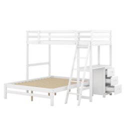 Twin Over Full Bunk Bed With Built In Desk And 3 Drawers - White