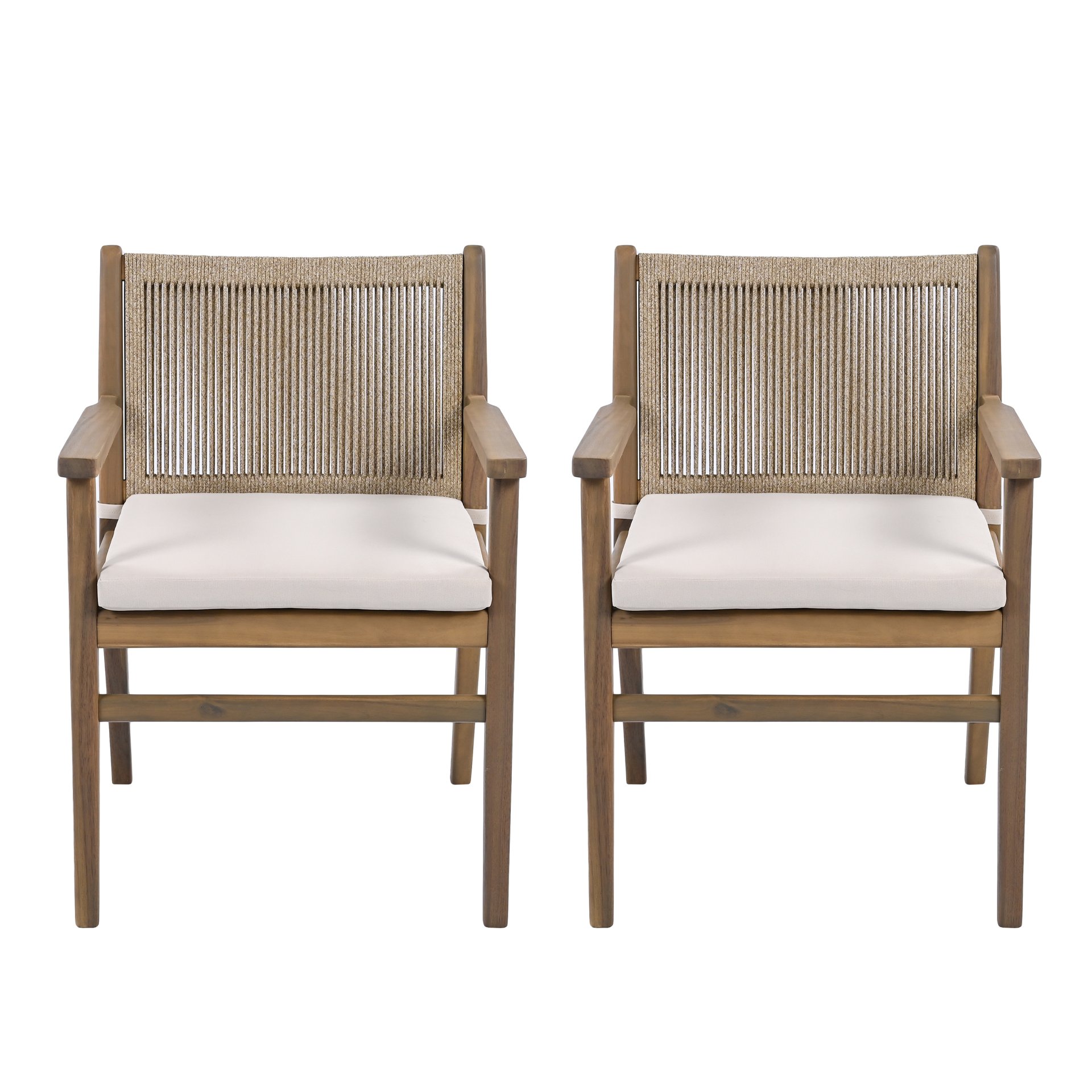 Outdoor Dining Chairs, Patio Armchair With Rope Design Back (Set of 2) - Light Brown - Image 5