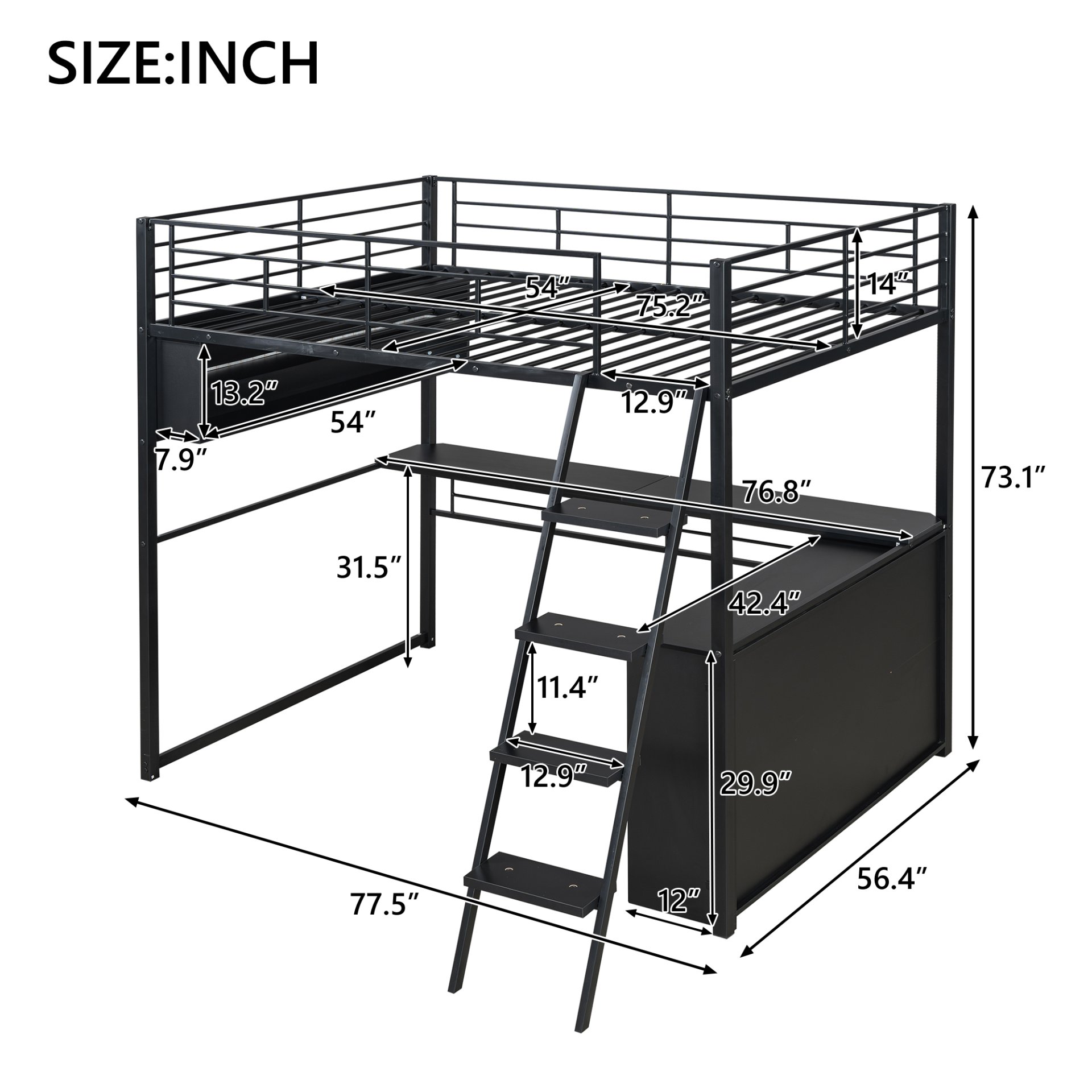 Full Size Loft Bed With LED Desk And 4 Storage Shelves - Black - Image 3
