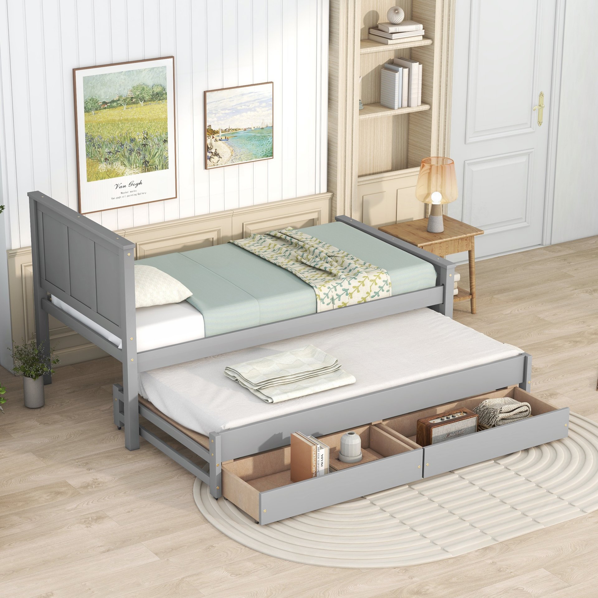 Twin Size Platform Bed With Trundle And Drawers - Gray - Image 5