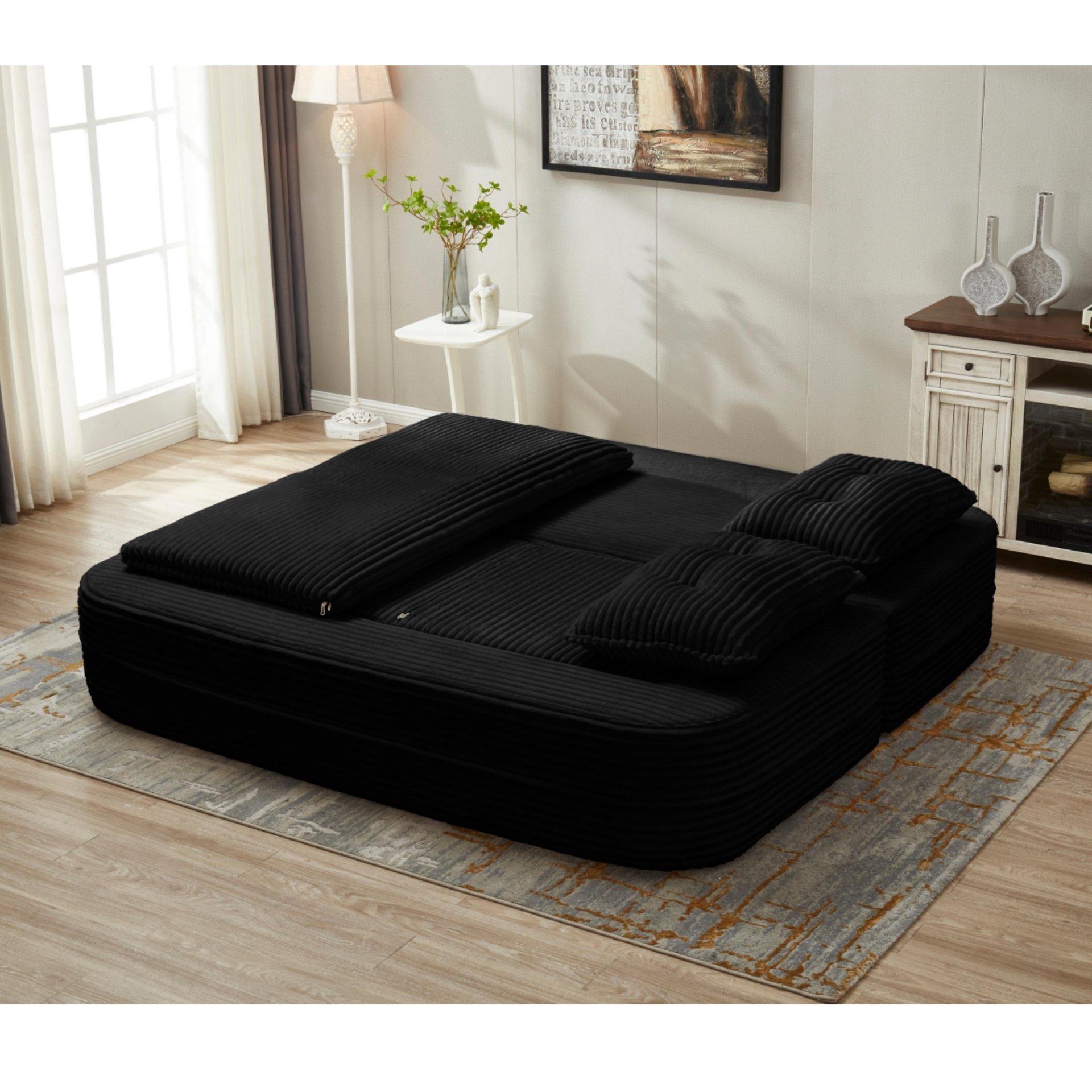 Multi Functional Sectional Sofa Bed With Independent Chaise Lounge And Functional Blanket - Black - Image 15