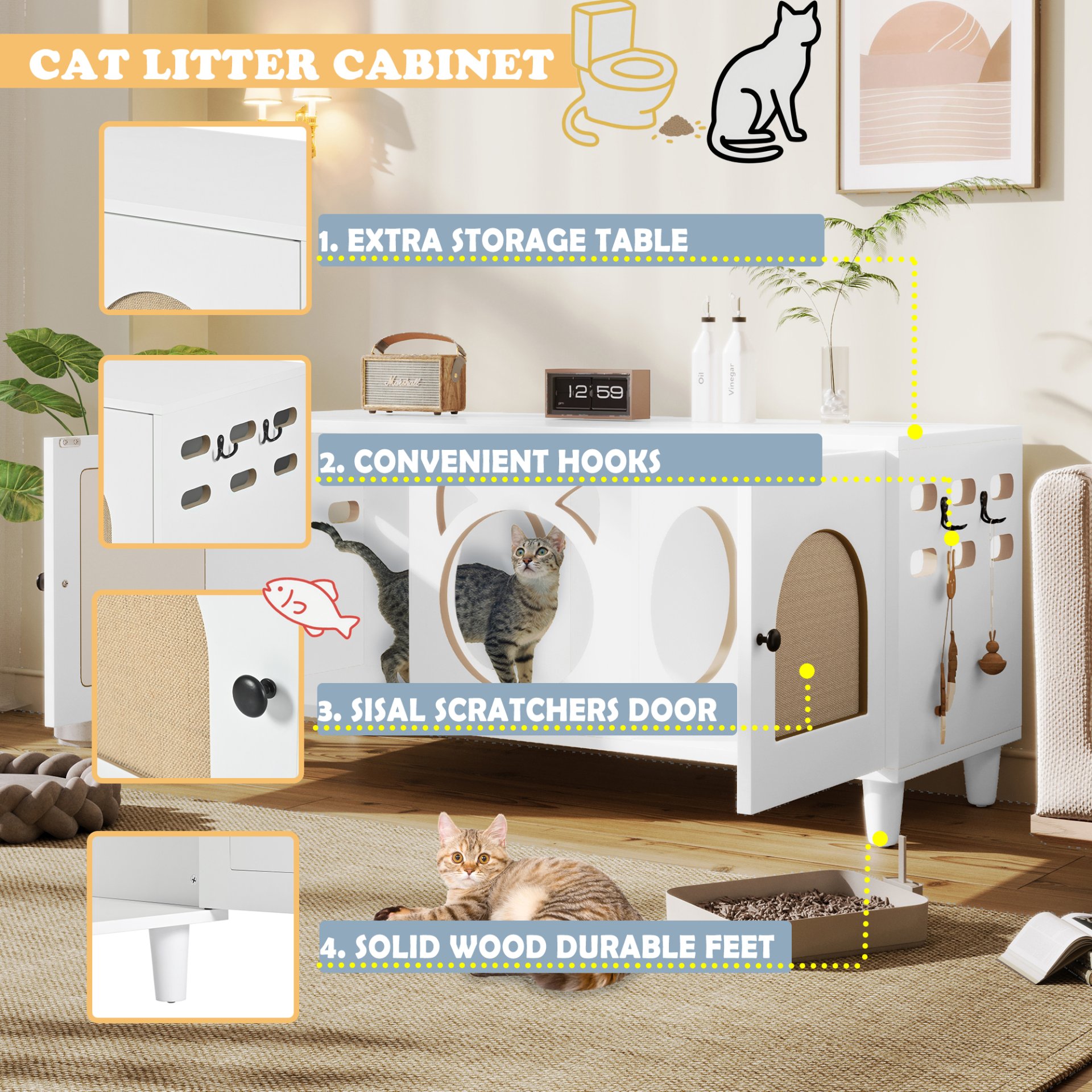 Furniture Style Cat Cabinet Cat Litter Box With Sisal Scratching Door - Cream White - Image 5