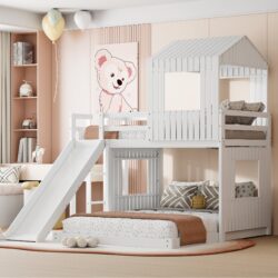 Twin Over Full Bunk Bed, With Playhouse, Farmhouse, Ladder, Slide And Guardrails - White
