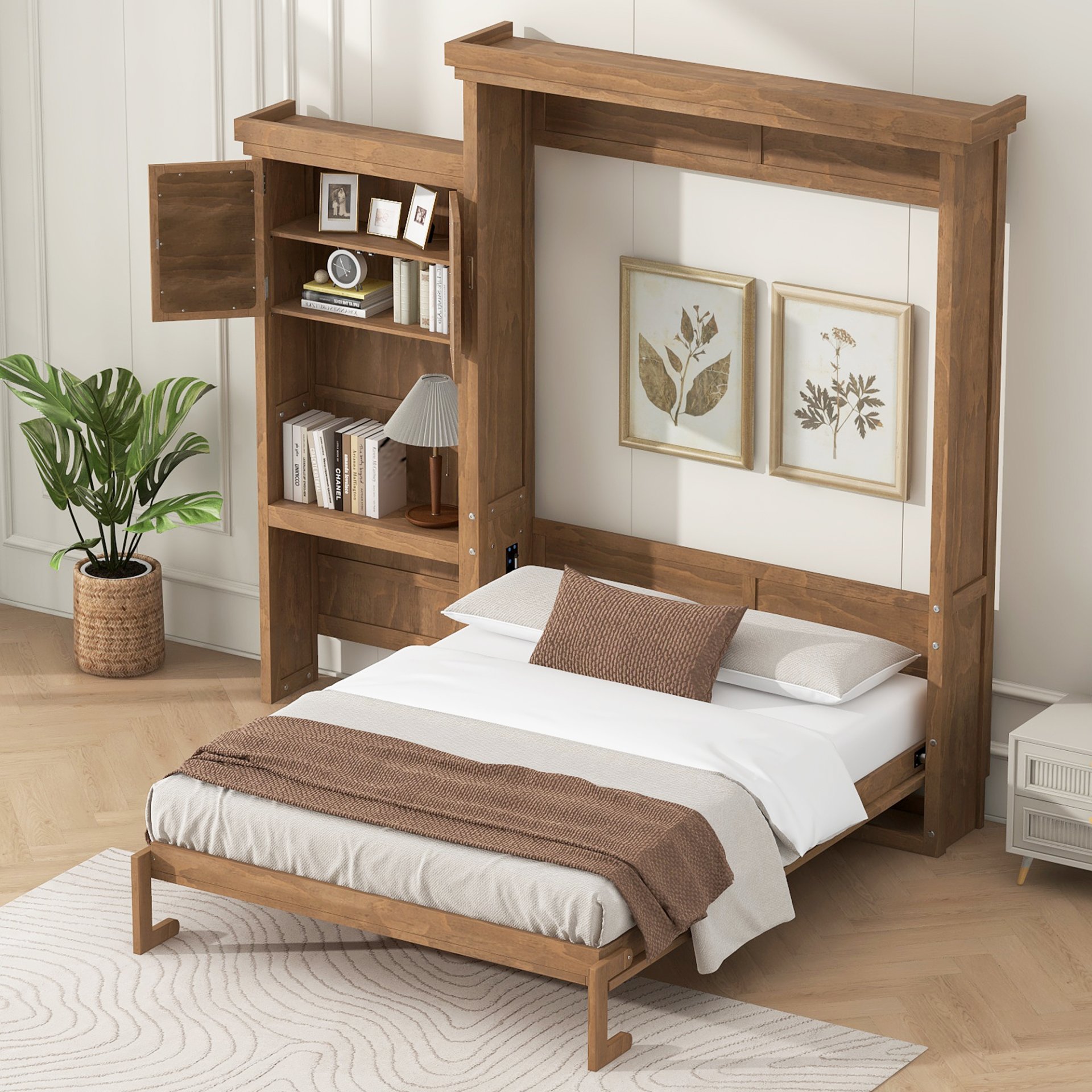 Queen Size Murphy Bed With Louvered Design And Multiple Storage Shelves - Wood - Image 5