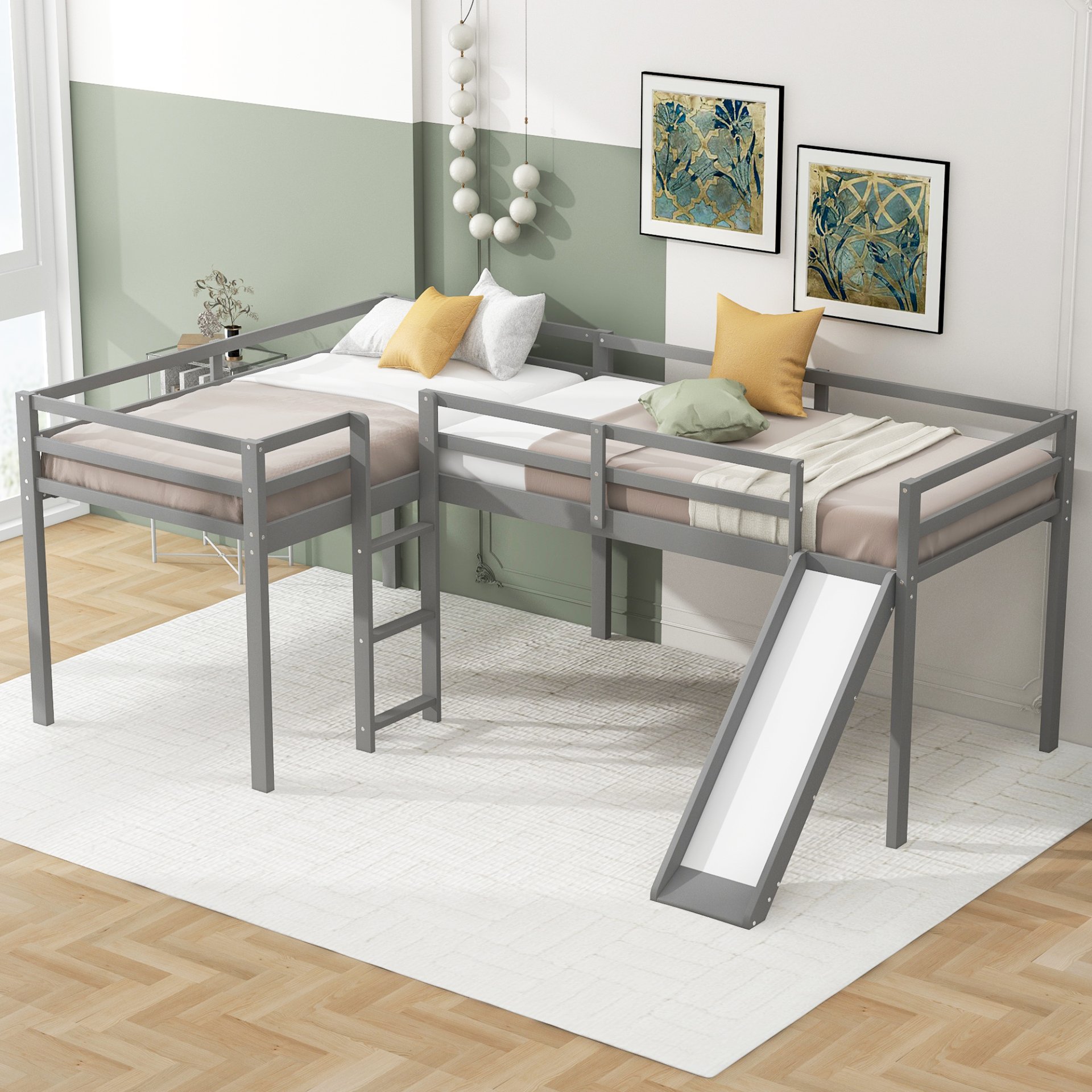 L-Shaped Twin Size Loft Bed With Ladder And Slide - Gray - Image 4