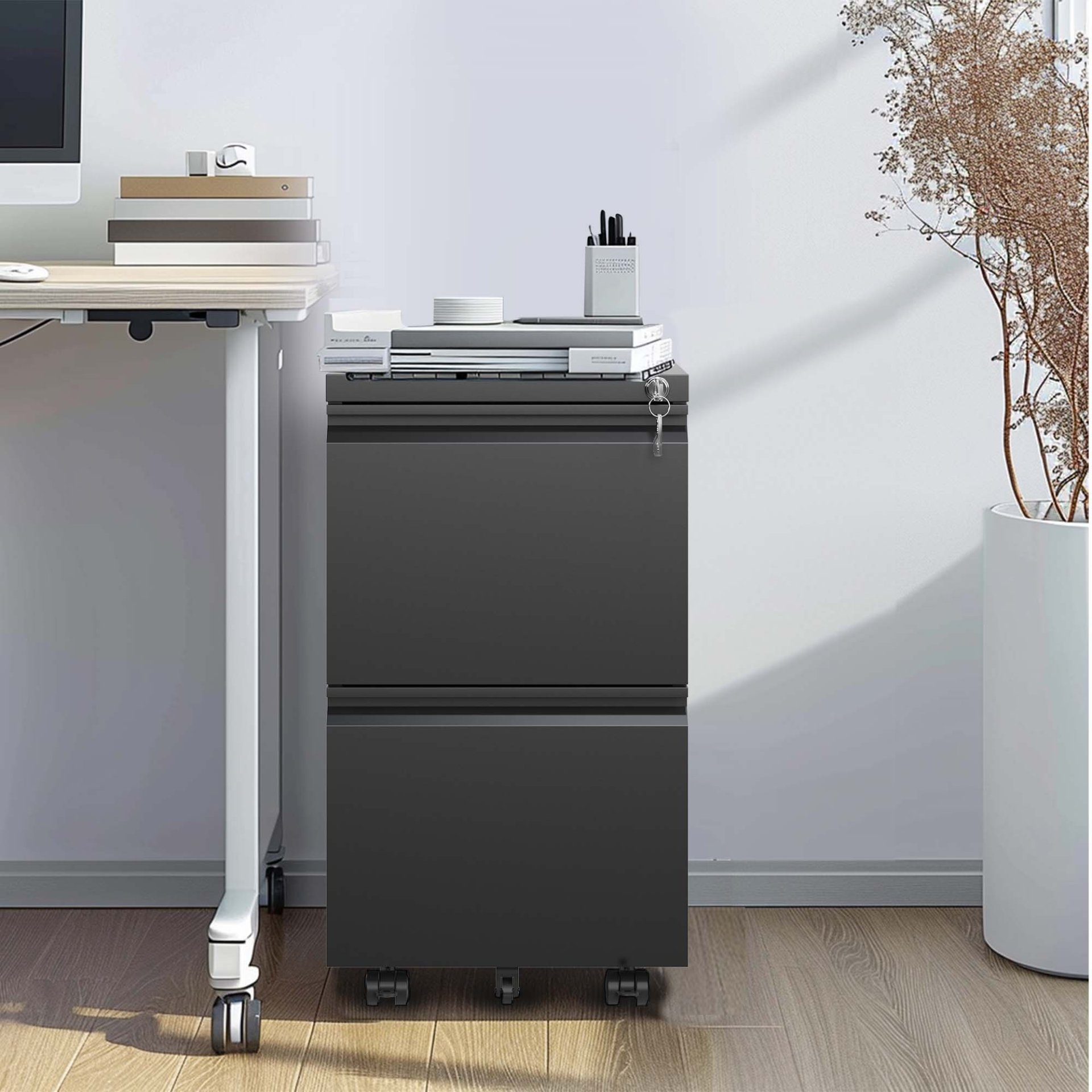 Sleek Modern 2 Drawer Metal Mobile File Cabinet With Lock, Compact Size - Black - Image 2