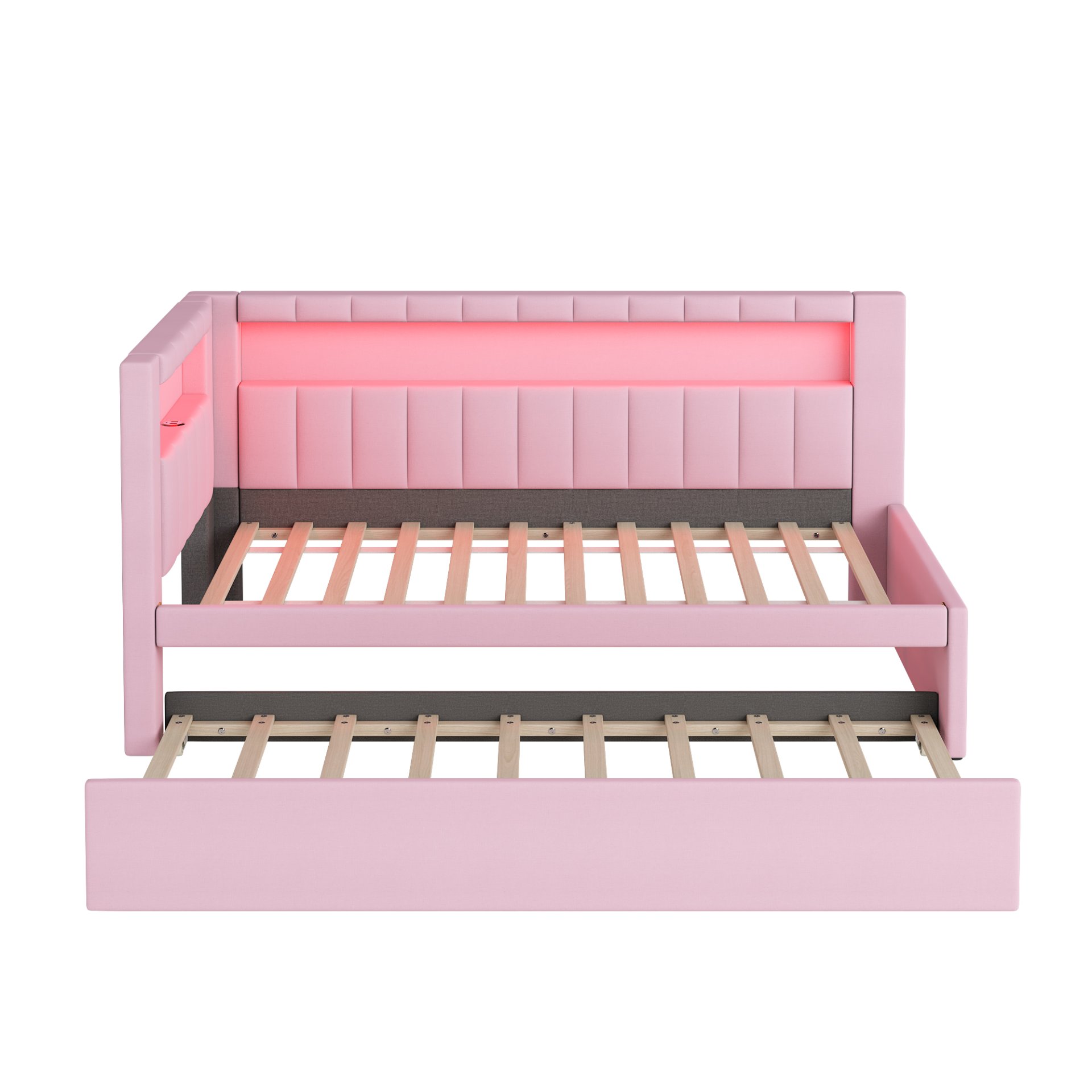 Twin Upholstered Platform Bed With USB Ports And LED Belt, Includes Trundle - Pink - Image 8