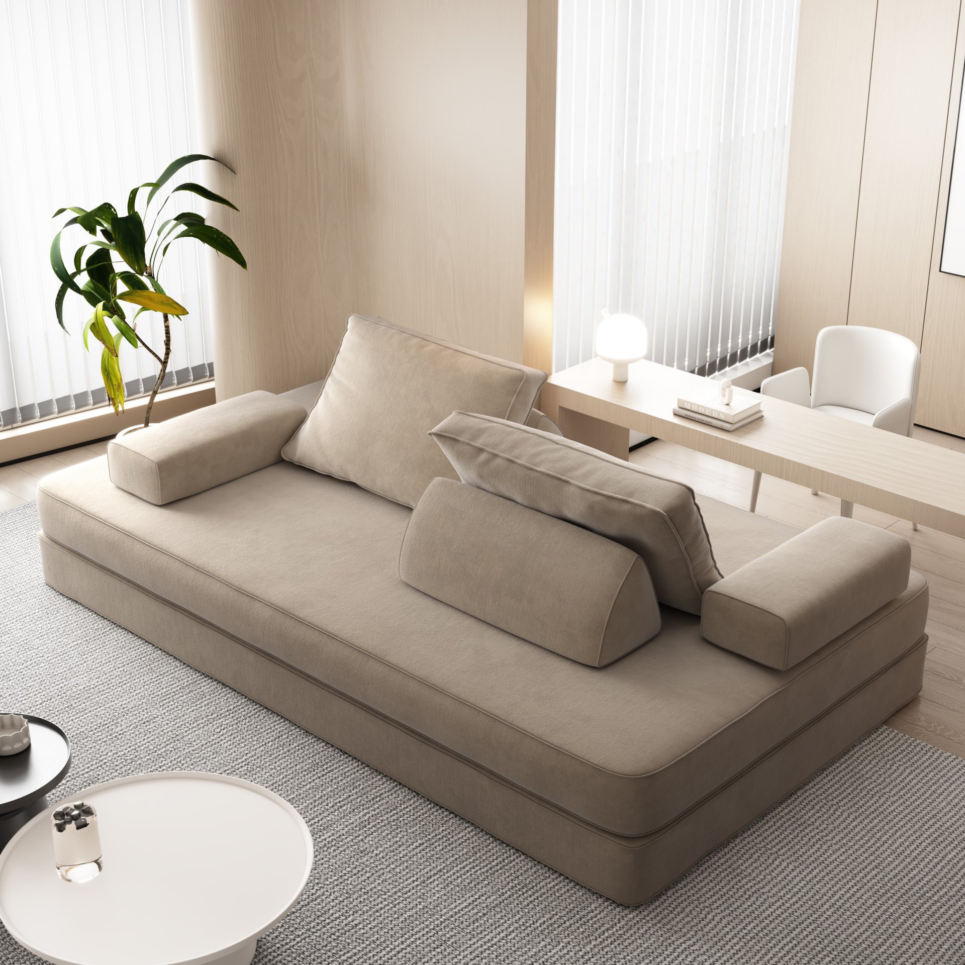 Multifunctional Convertible Sofa Bed With 2 Tumbler Backrests And 2 Pillows, Diy Modern Upholstered Couch - Camel - Image 11