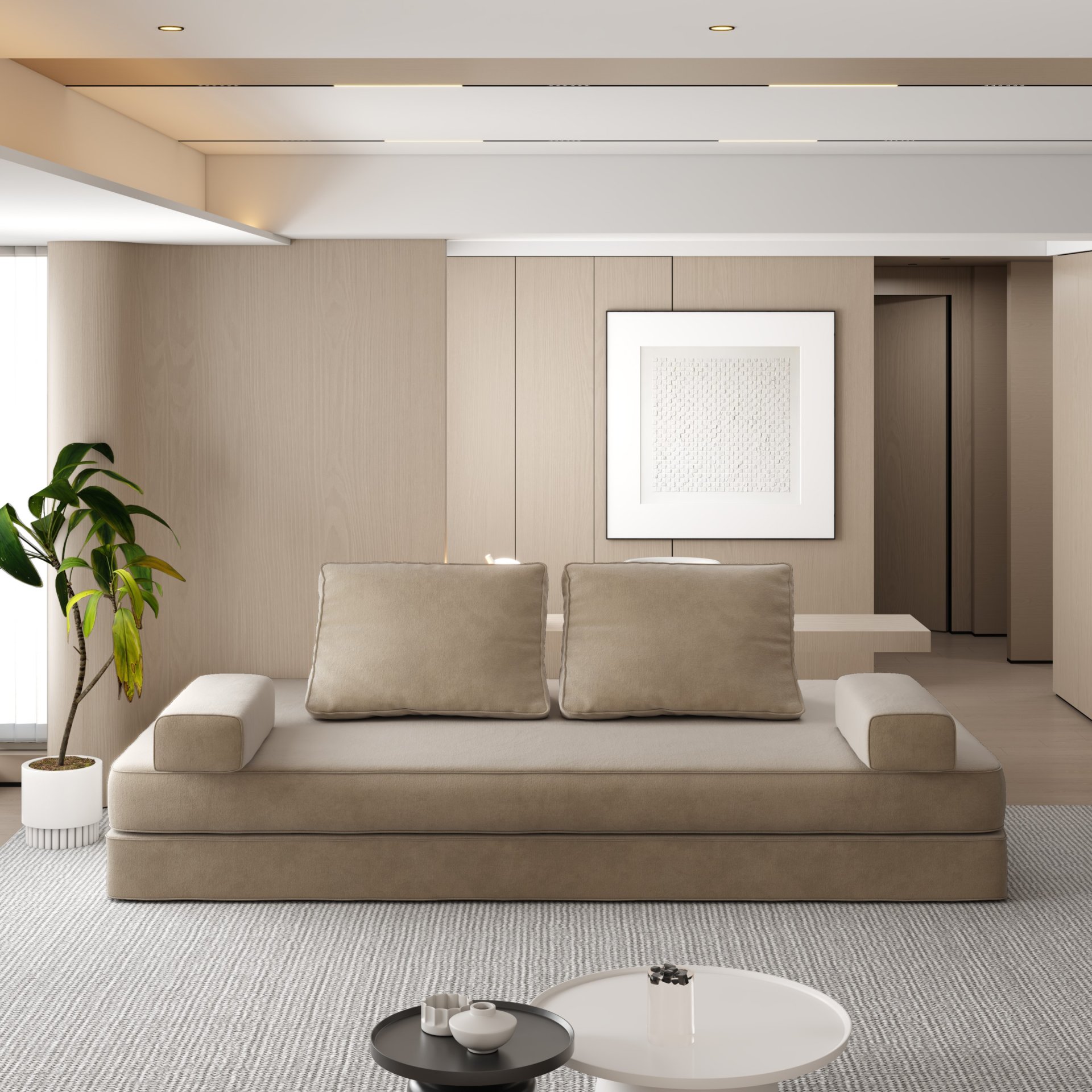 Multifunctional Convertible Sofa Bed With 2 Tumbler Backrests And 2 Pillows, Diy Modern Upholstered Couch - Camel - Image 7