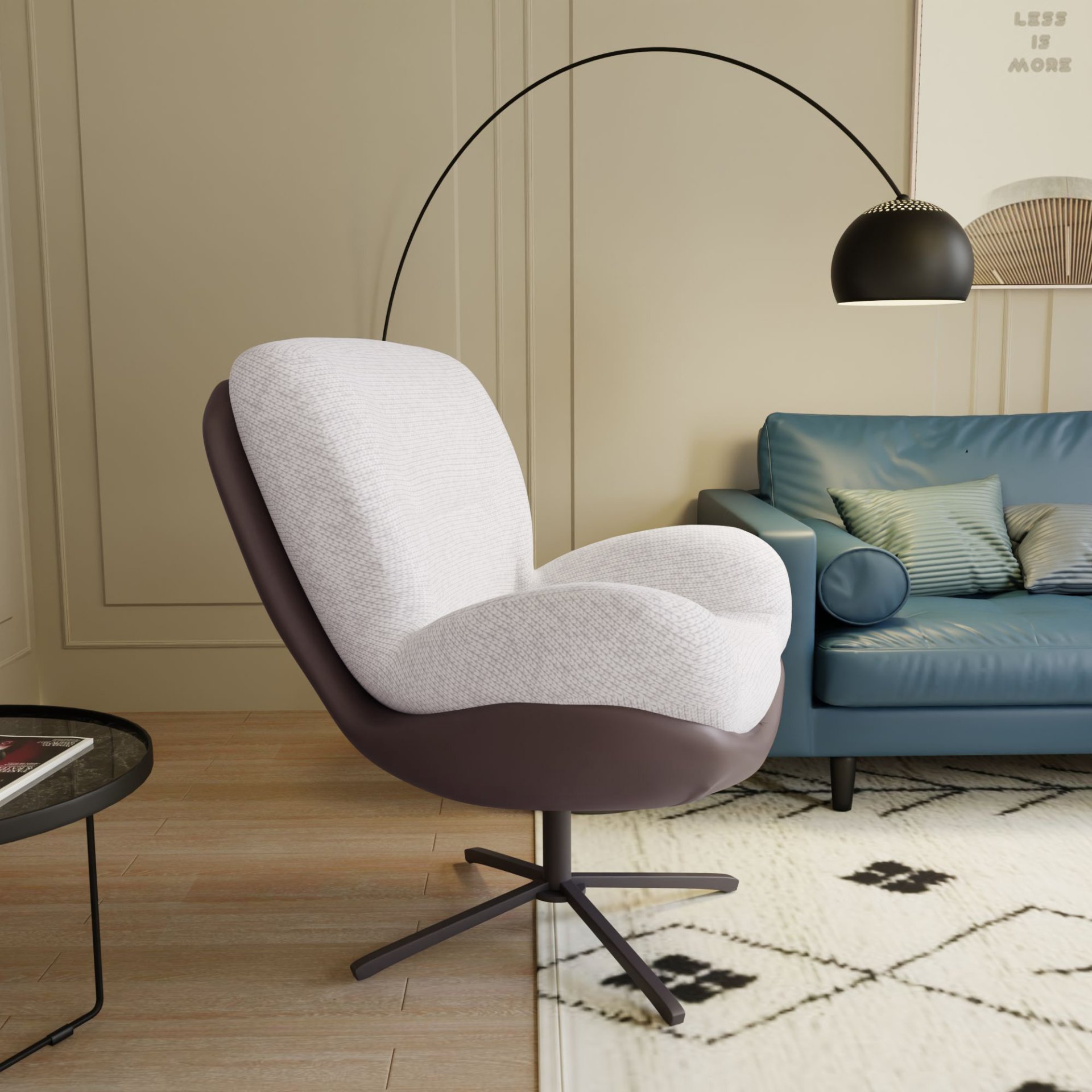 360° Swivel Office Chair, Modern Chenille Chair With And Metal Base Frame, No Wheels, Accent Chair - White - Image 4