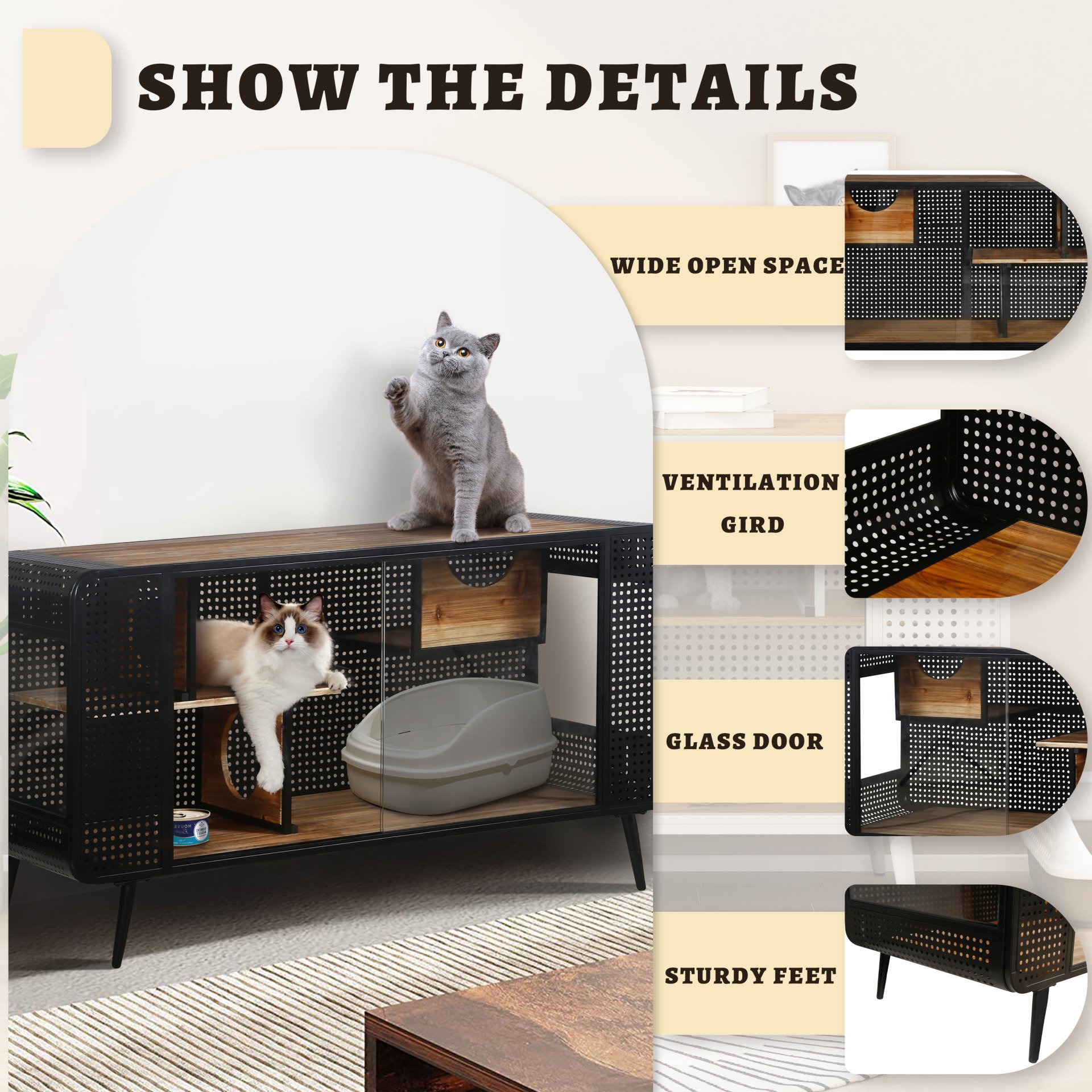 Modern Spacious Cat House With Tempered Glass And Iron Frame For Living Room - Black / Brown - Image 6