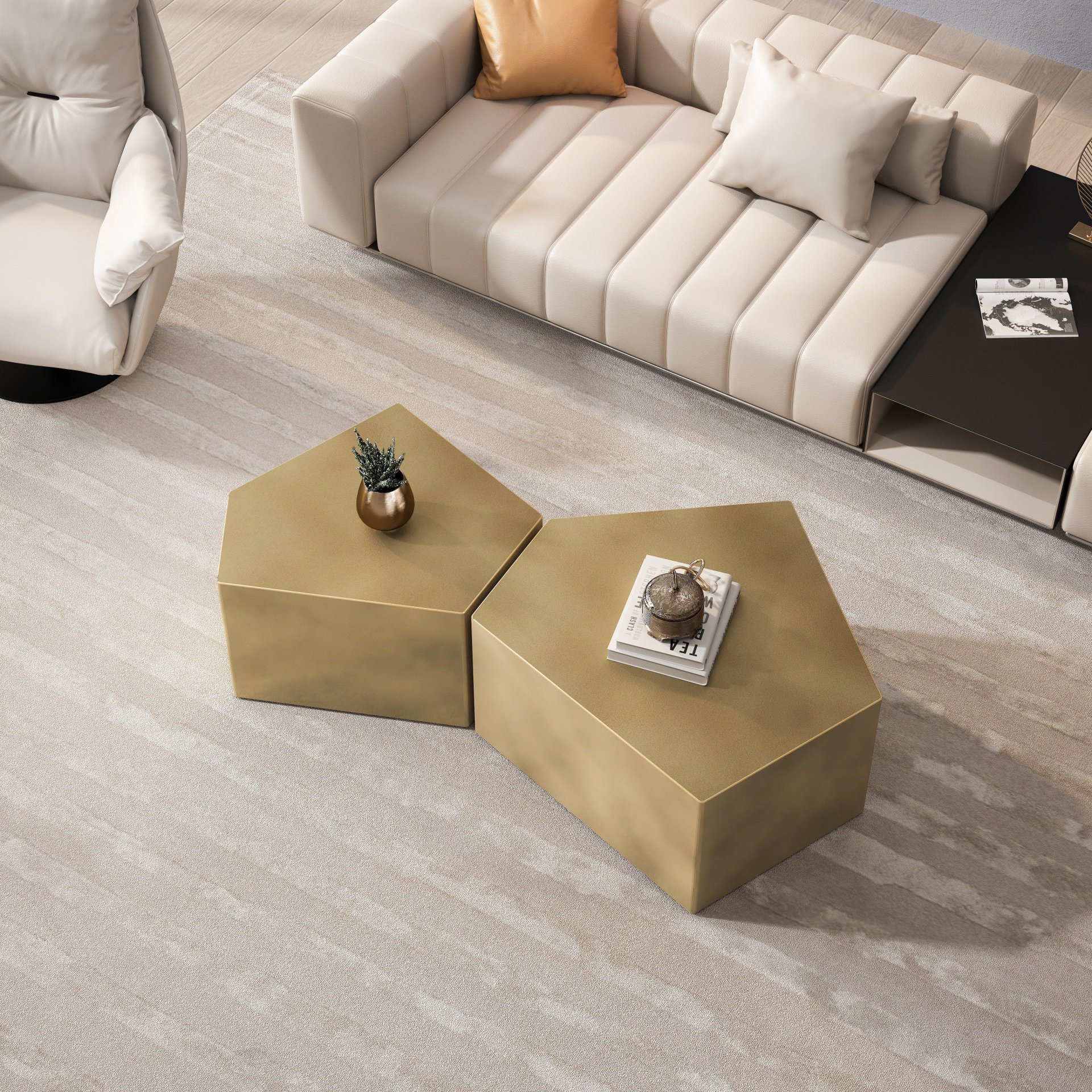 Irregular Pentagon Nesting Coffee Table Set, Geometric (Set of 2) - Antique Gold - Image 5